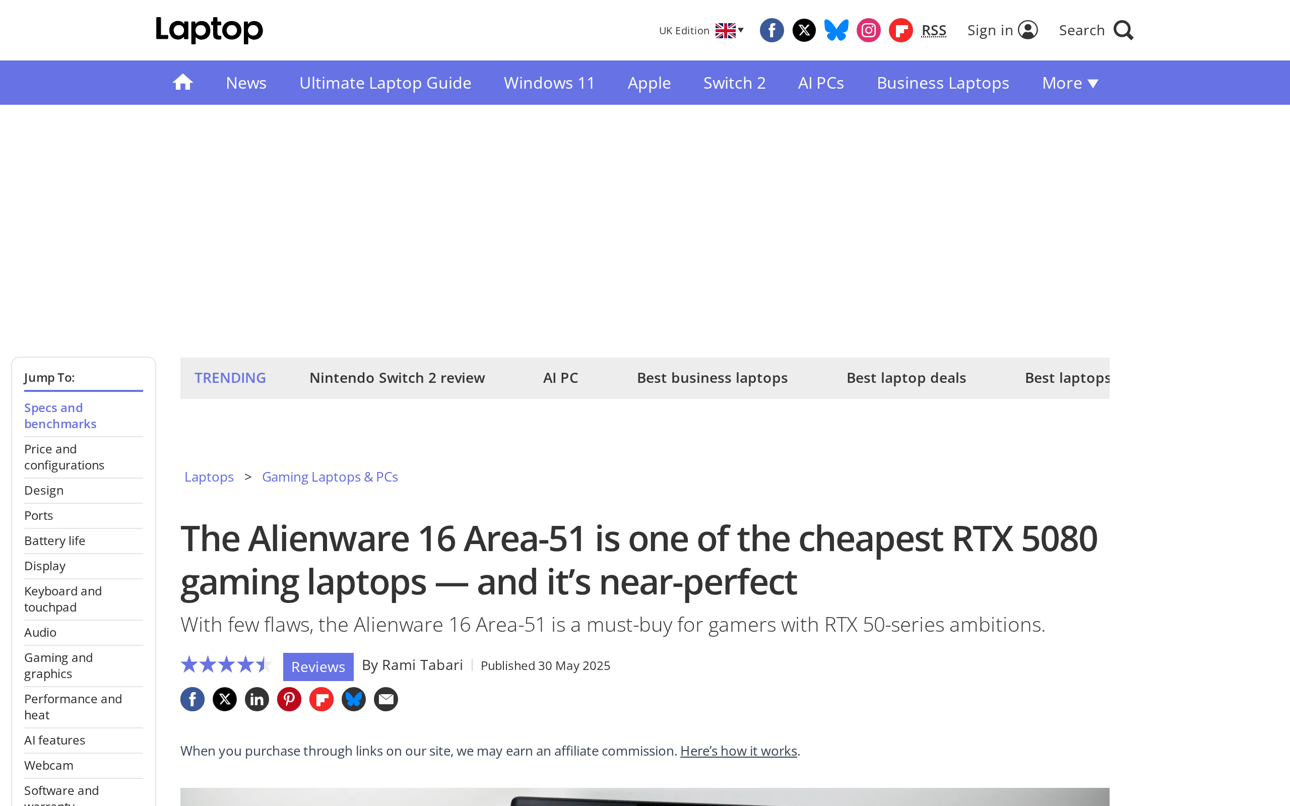 Laptop Mag's review page for the Alienware 16 Area-51 with RTX 5080, headlined as one of the cheapest RTX 5080 gaming laptops