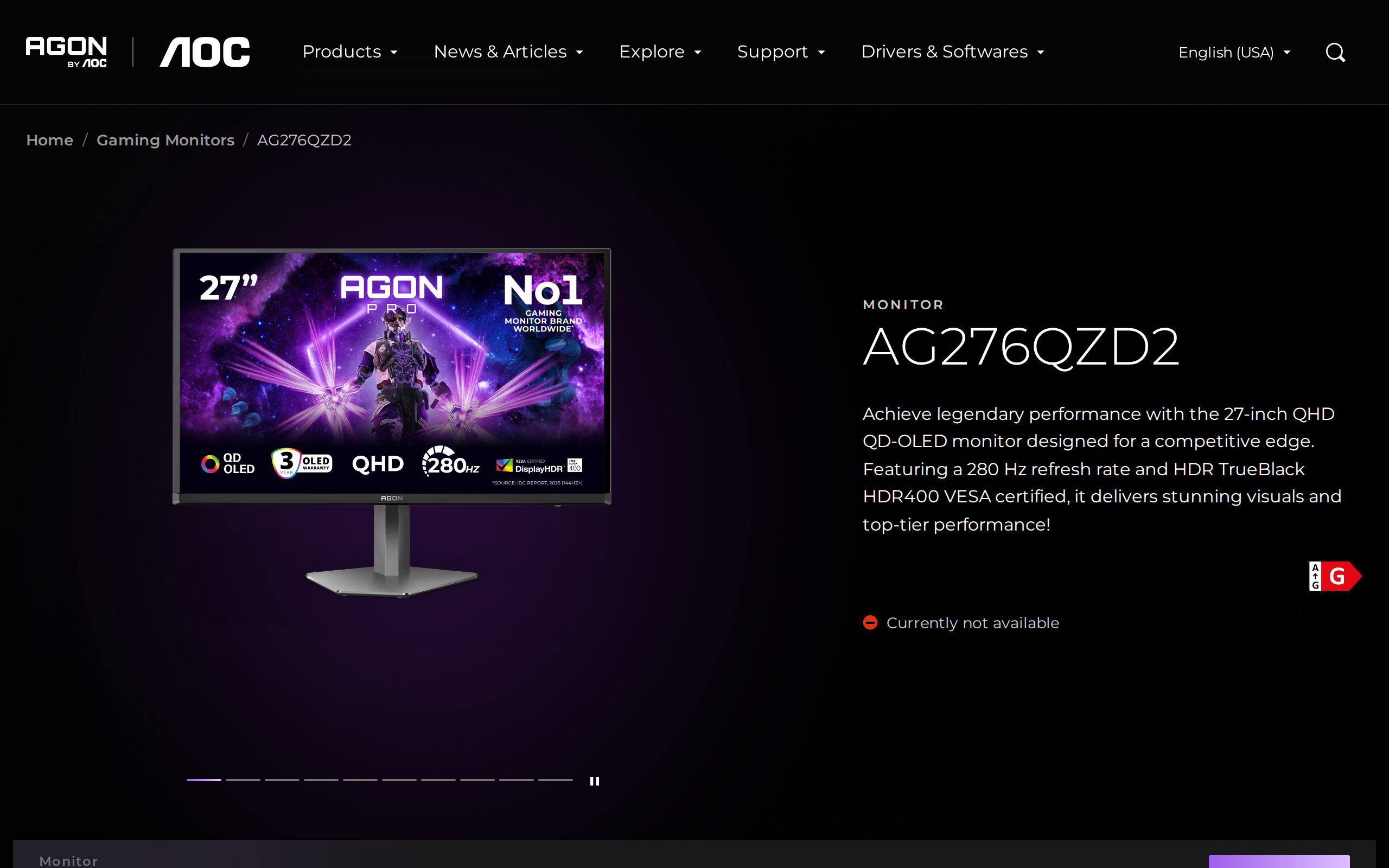 AOC's product page for the AGON PRO AG276QZD2 gaming monitor on a dark background