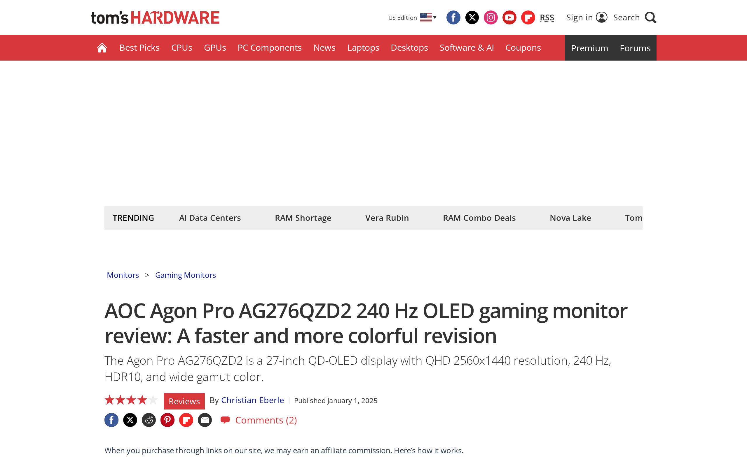 The Tom's Hardware review of the AOC Agon Pro AG276QZD2, introduced as a 27-inch QD-OLED with QHD resolution