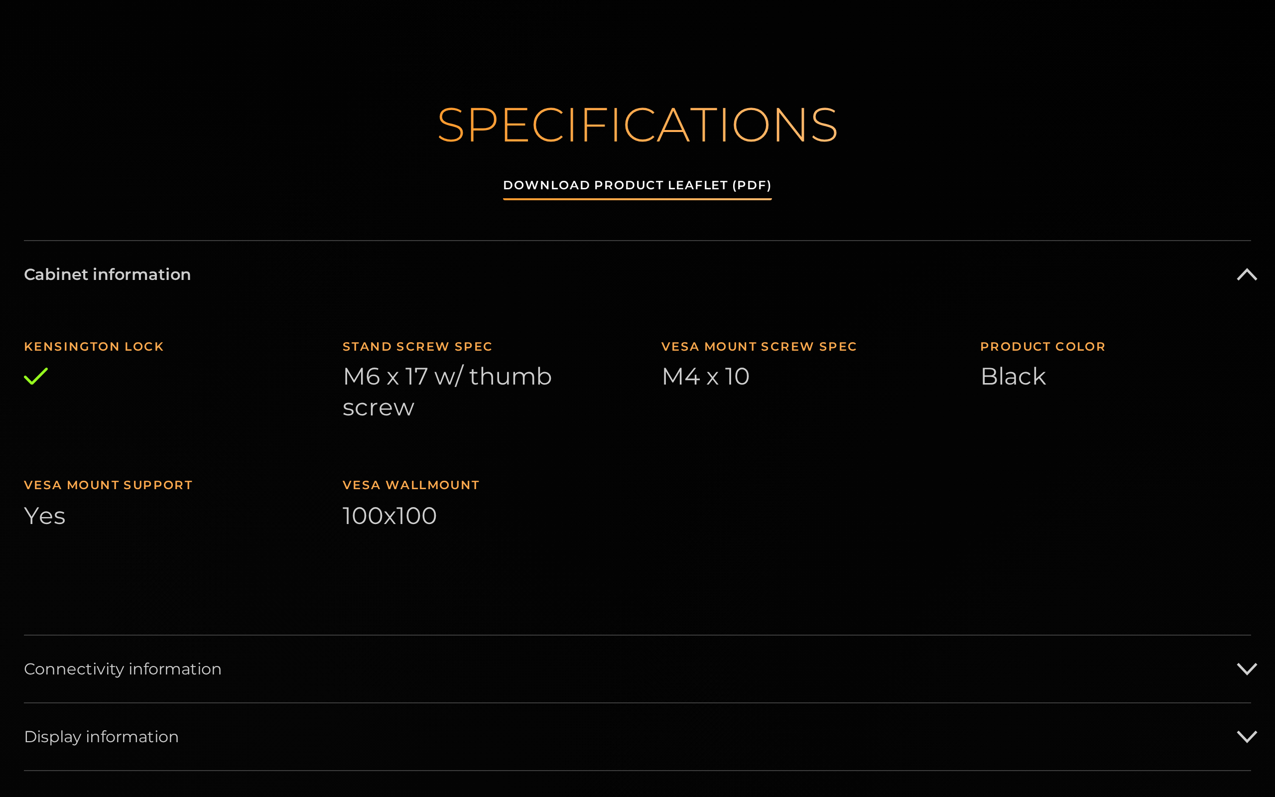 AOC Q27G3XMN specifications section listing stand screw spec, VESA mount support and product colour