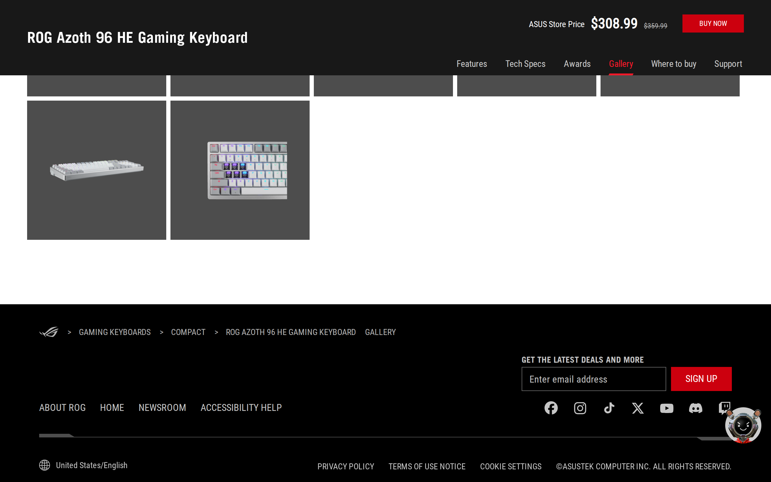 ASUS gallery page for the ROG Azoth 96 HE showing a product thumbnail and the discounted $308.99 price