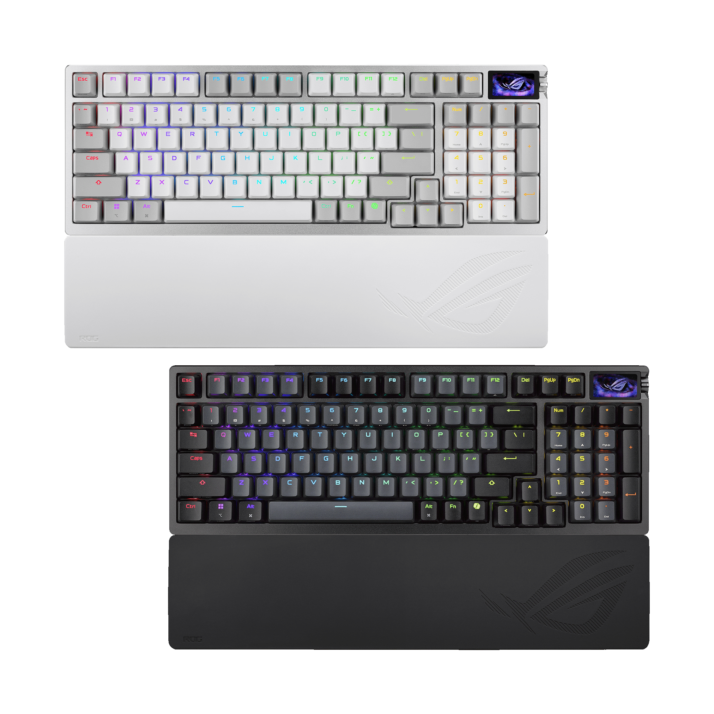 A side-by-side render of the Azoth 96 HE in white and black, each with a wrist rest and the OLED in the top right corner