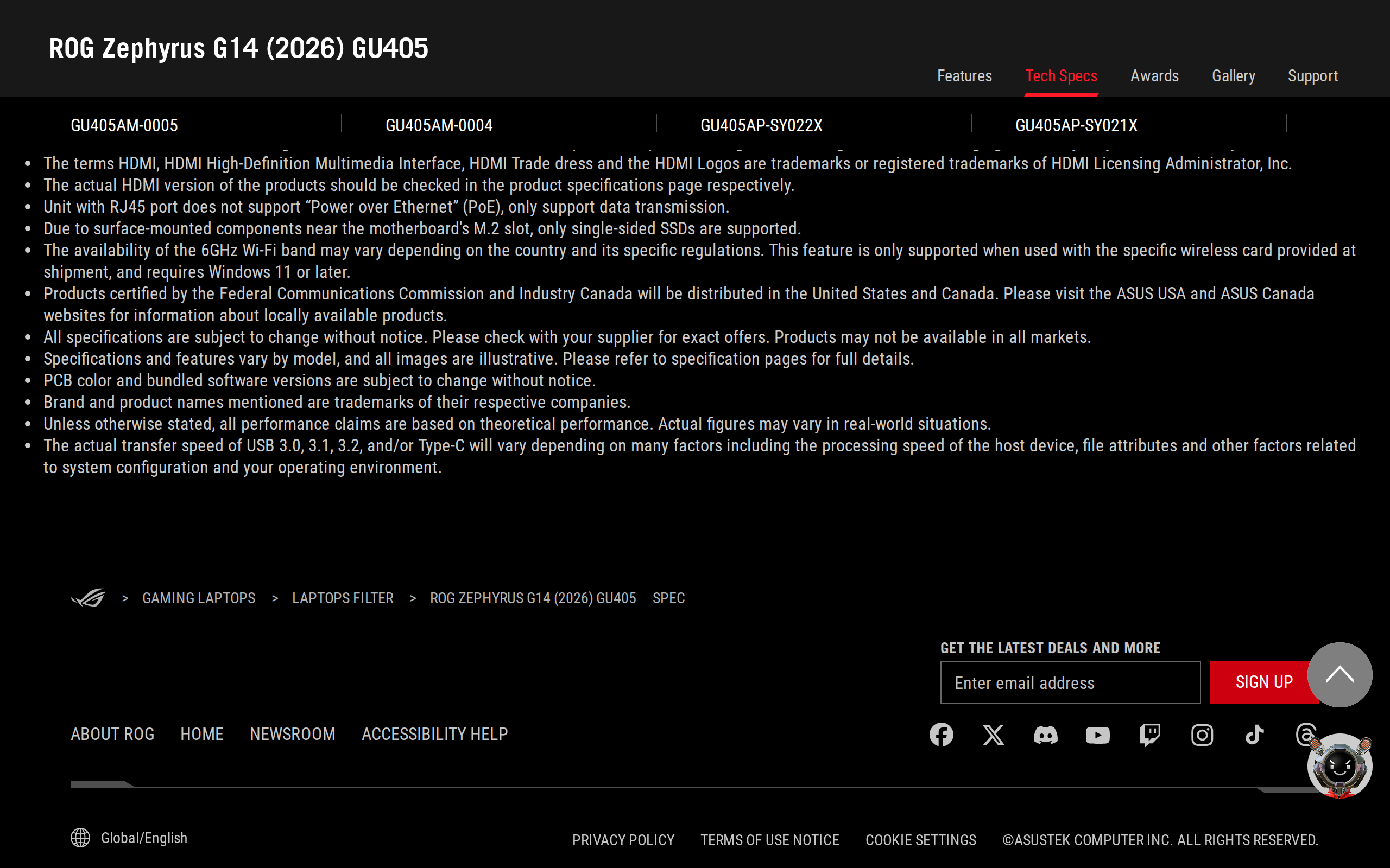 ASUS's spec page for the G14 showing the battery test conditions, with video playback at Balanced power plan