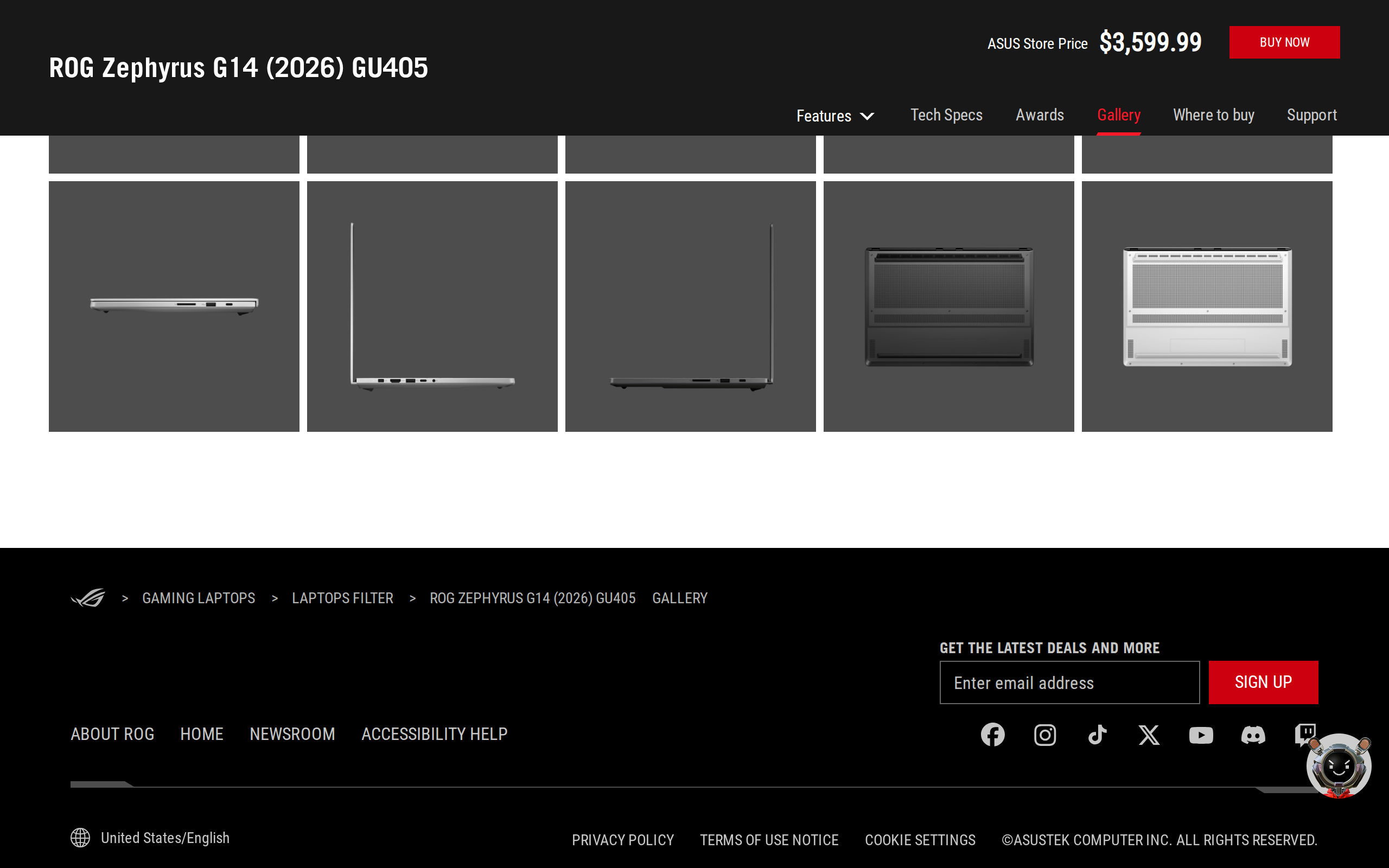 ASUS gallery page for the G14 (2026) GU405 with its price shown