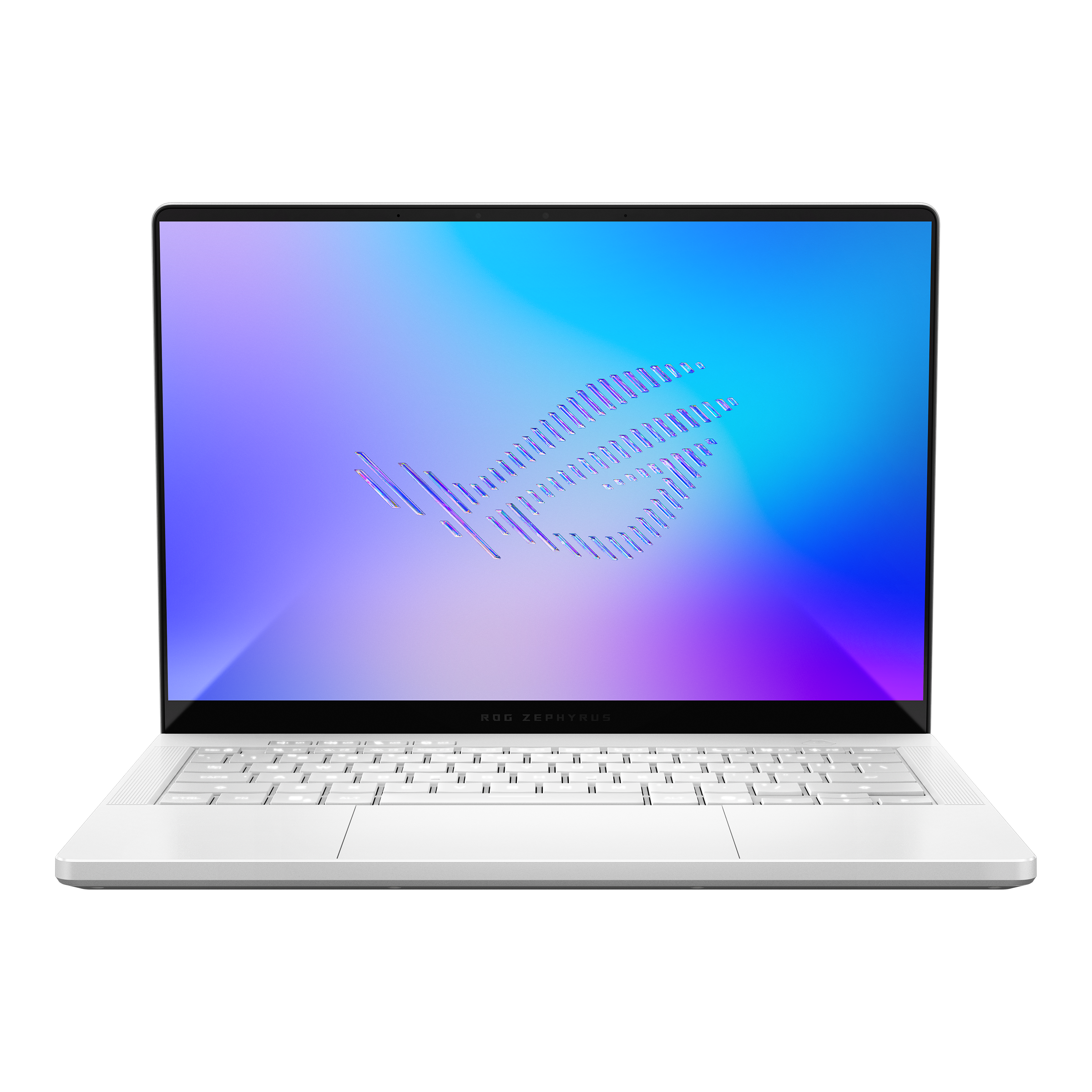 A front view of the white ROG Zephyrus G14 with its keyboard and the ROG logo on the screen