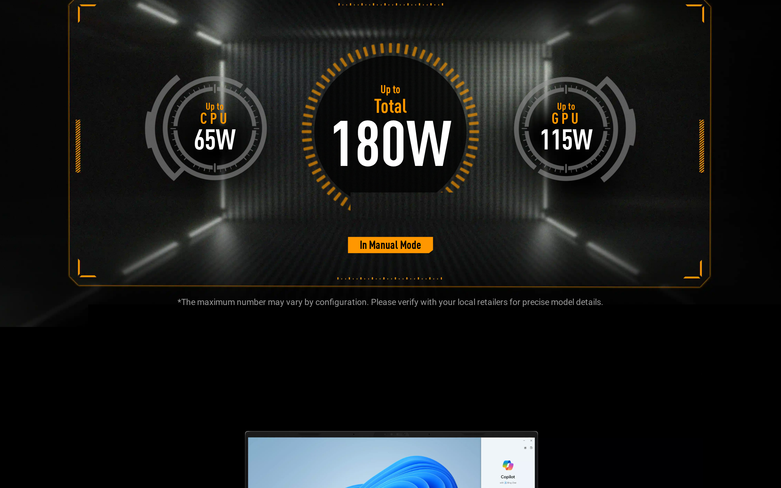 ASUS power section showing a 180W total budget, with 65W for the CPU and 115W for the GPU in Manual Mode