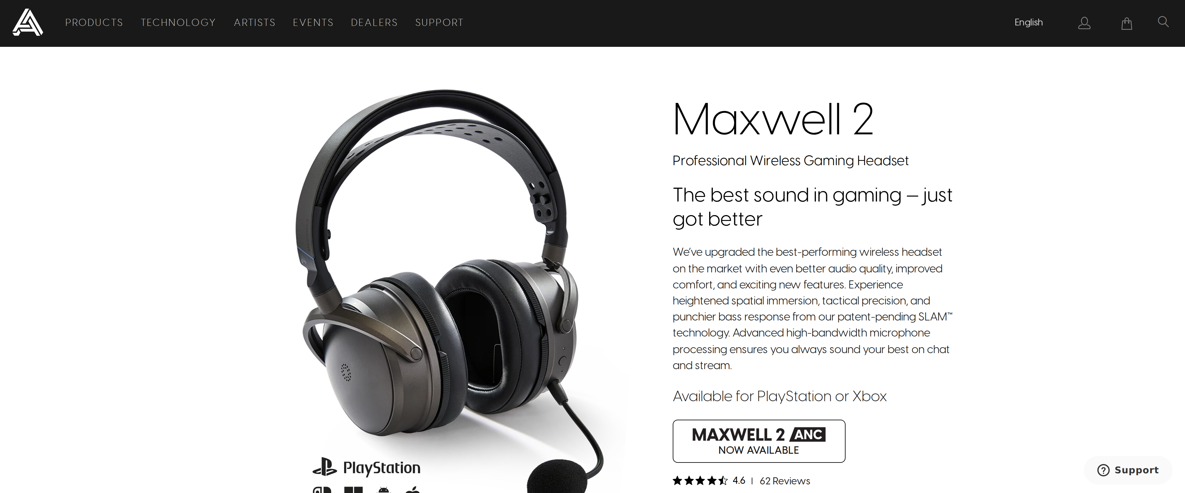 Audeze product page for the Maxwell 2 professional wireless gaming headset with a photo of the black headset on white