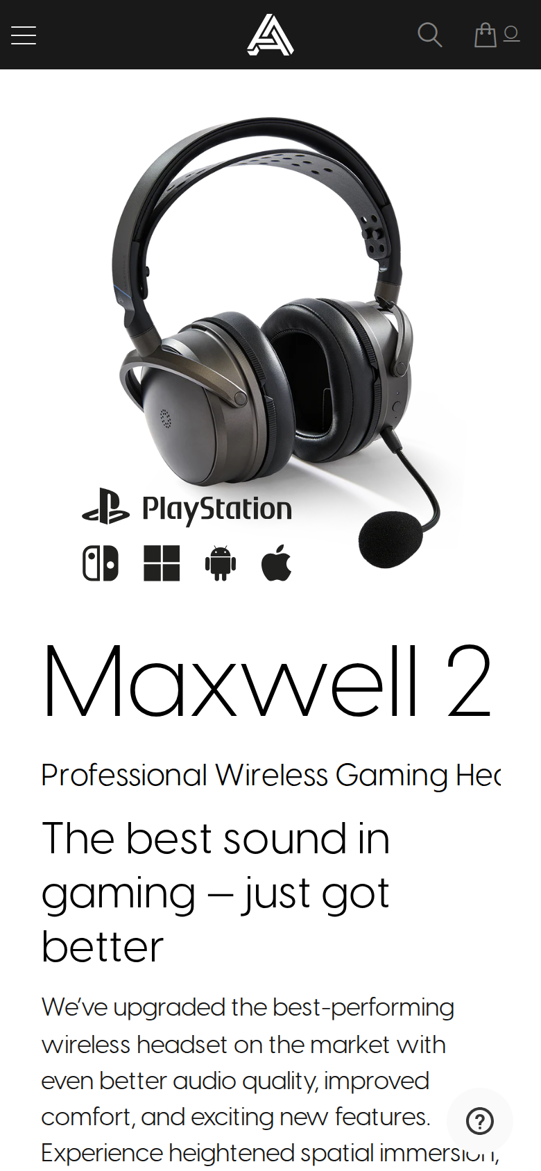 Audeze's Maxwell 2 page on a phone with the Maxwell 2 heading, the line The best sound in gaming just got better and a photo of the headset