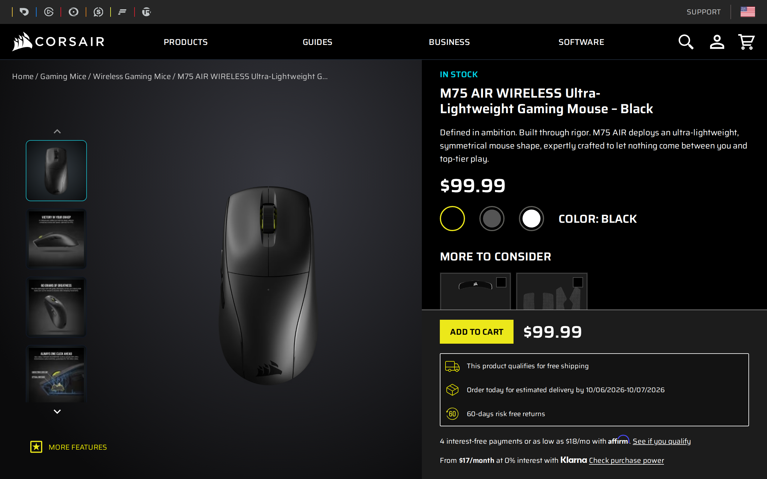 Corsair's store page for the M75 AIR Wireless Ultra-Lightweight Gaming Mouse in black, listed at $99.99