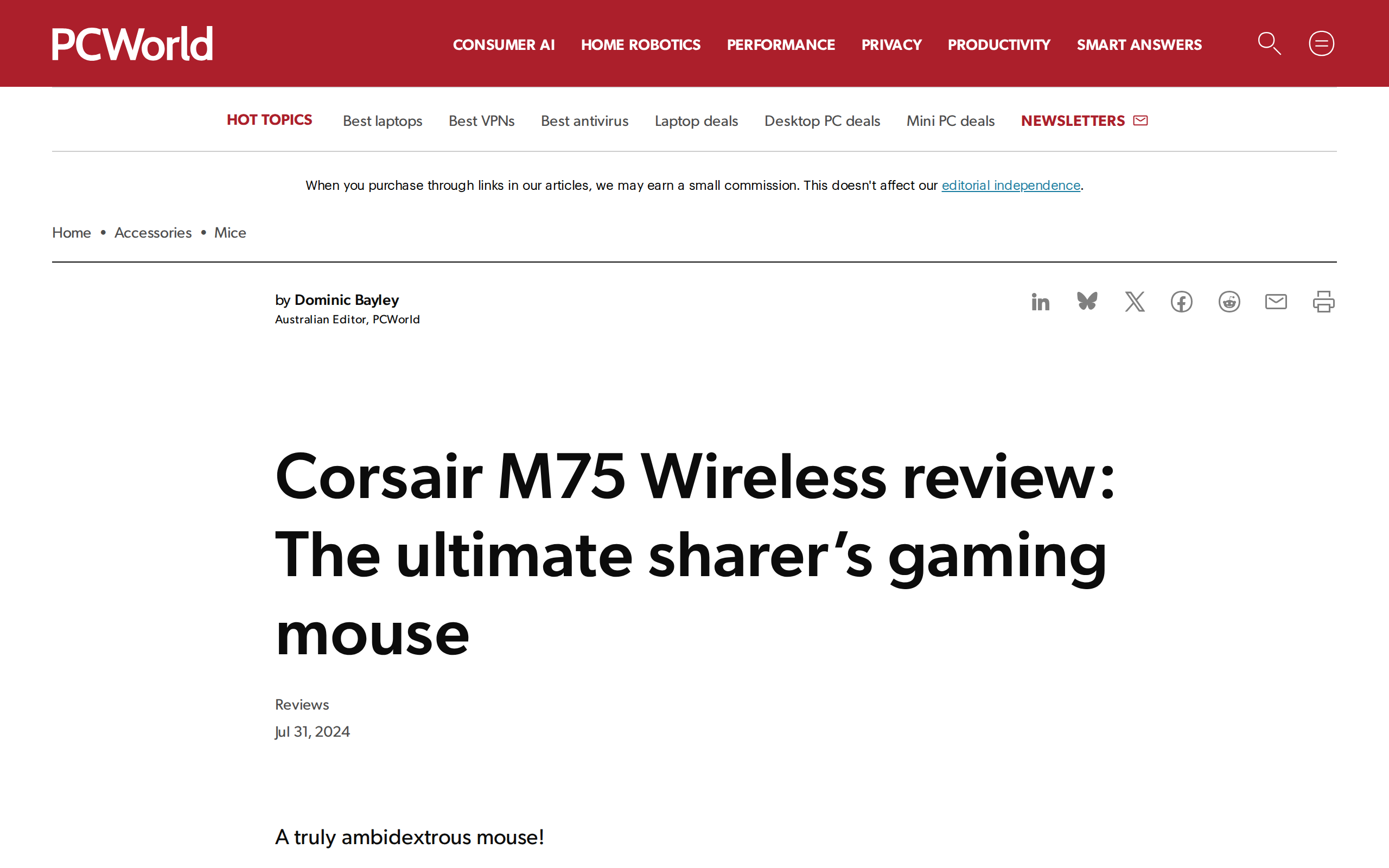 PCWorld's review of the Corsair M75 Wireless, headlined The ultimate sharer's gaming mouse, with a section called A truly ambidextrous mouse