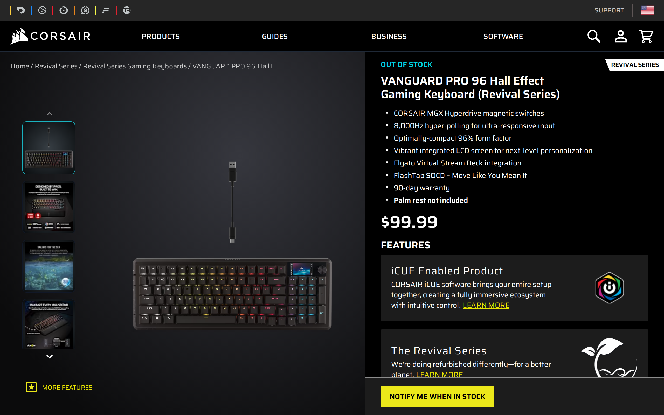 Corsair's Revival Series listing for the Vanguard Pro 96 Hall Effect Gaming Keyboard, shown on the dark Corsair store layout