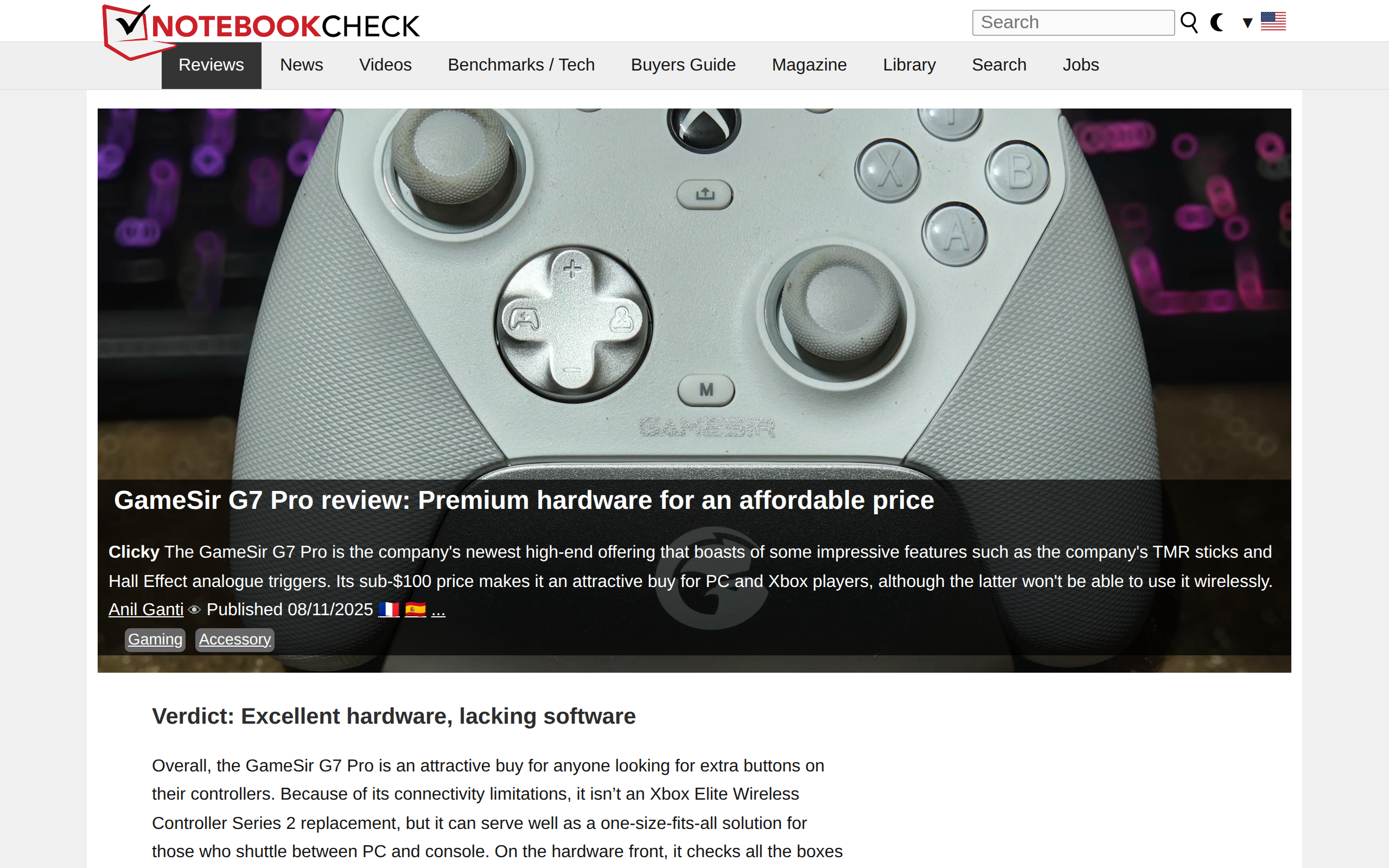 Notebookcheck's G7 Pro review page with its verdict, excellent hardware, lacking software