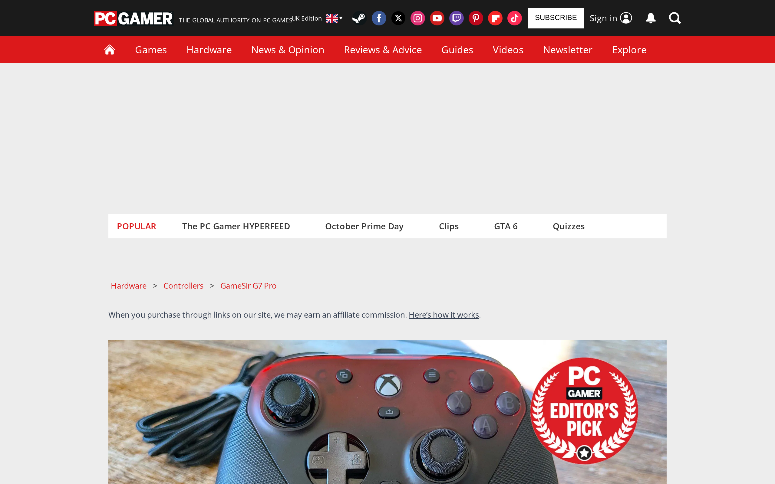 PC Gamer's review of the GameSir G7 Pro, with a photo of the controller on a wooden desktop