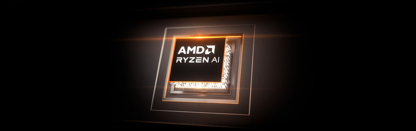 The AMD Ryzen AI badge glowing against a black background on HP's HyperX OMEN MAX 16 page