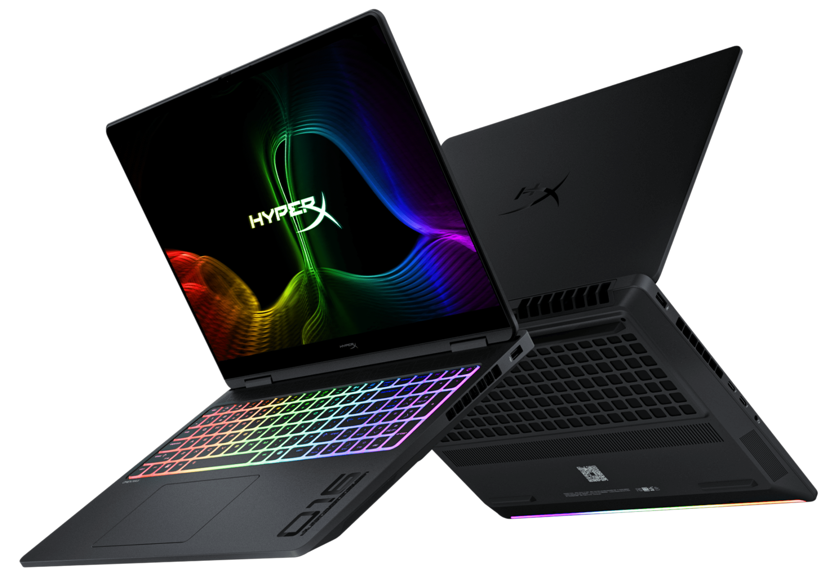 HP product render of the HyperX OMEN MAX 16 with its lid open, showing the colourful keyboard lighting and a second unit behind it