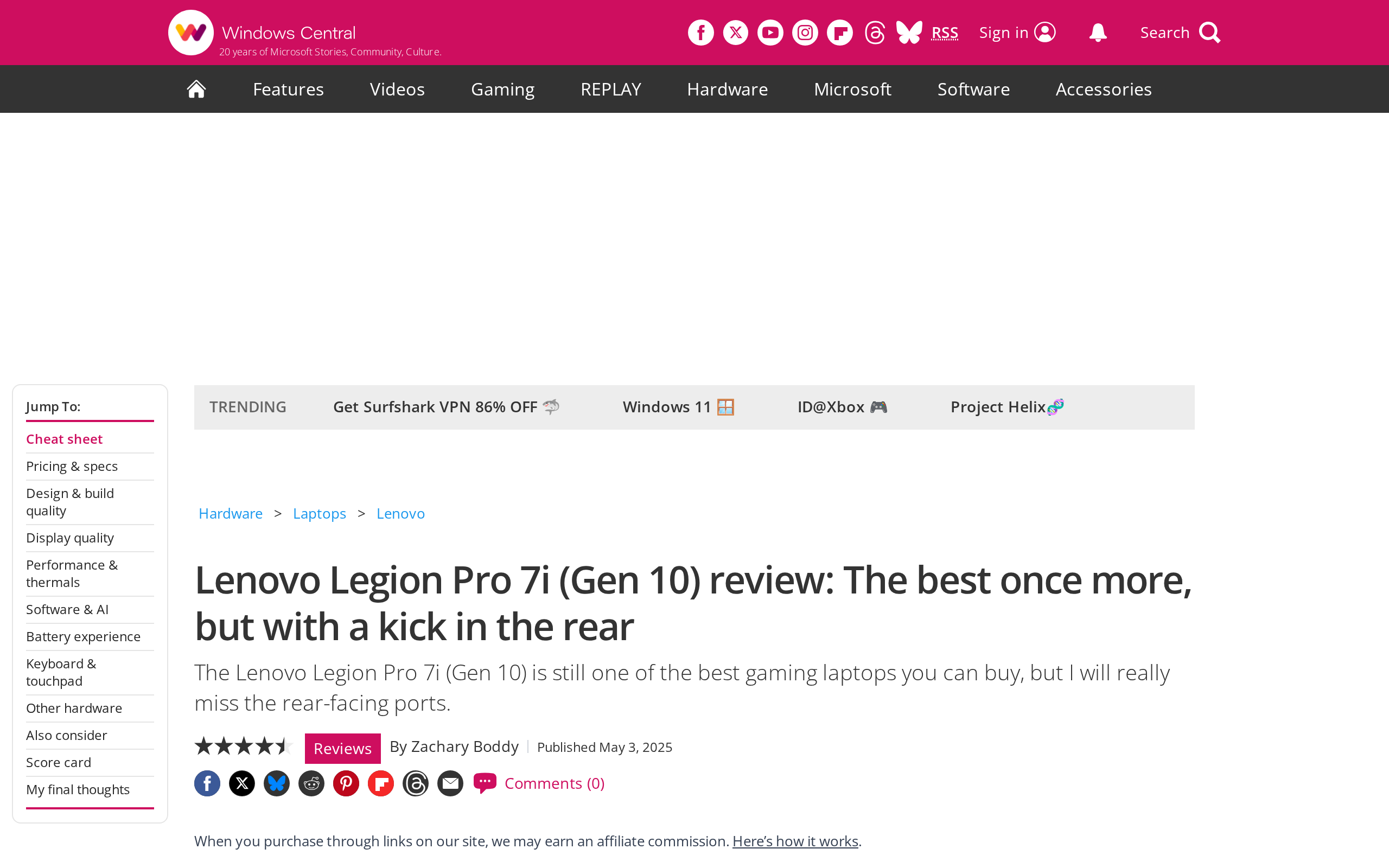 Windows Central review page for the Lenovo Legion Pro 7i Gen 10 with a headline calling it the best once more