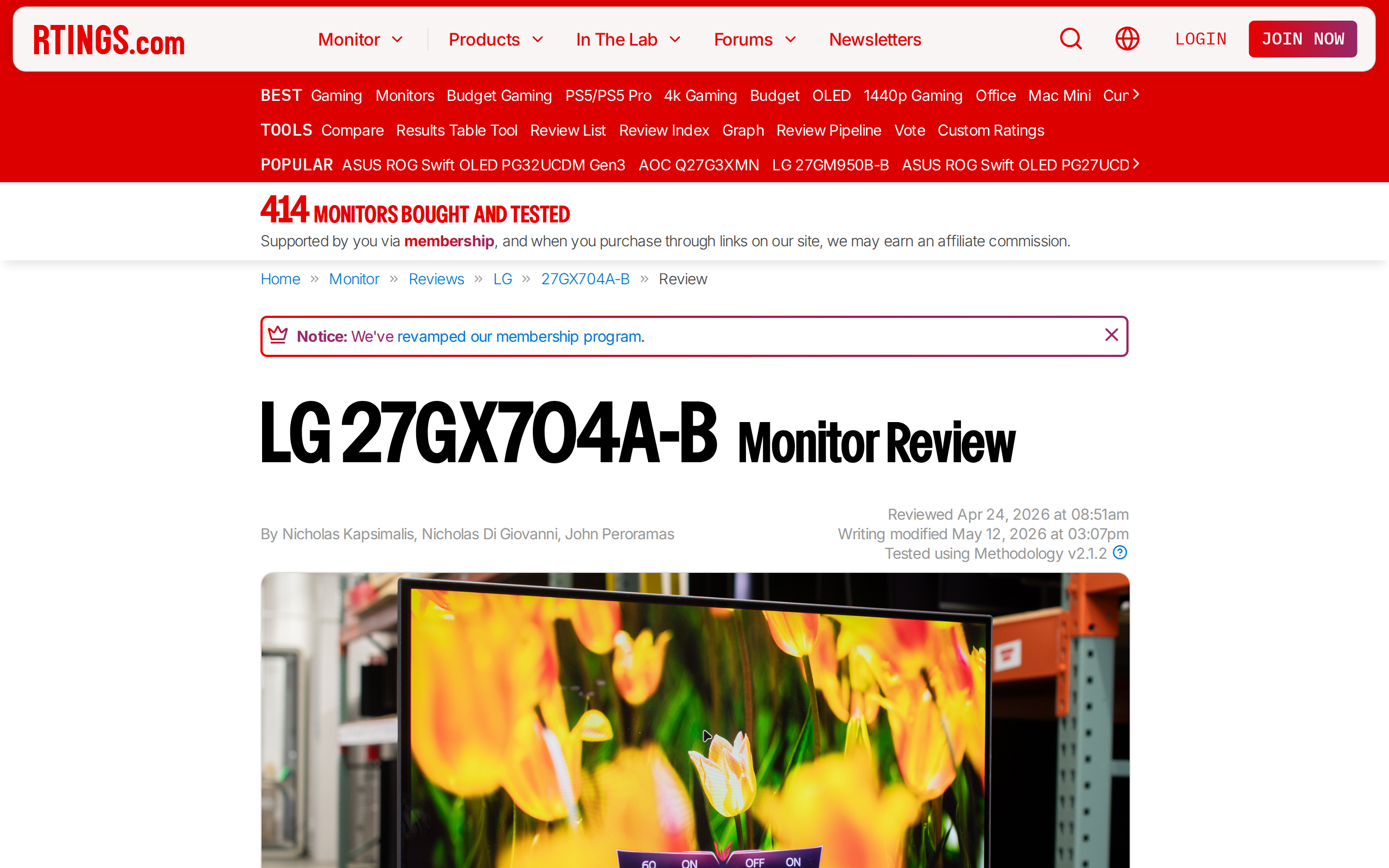 RTINGS review page for the LG 27GX704A-B monitor with a front photo of the screen