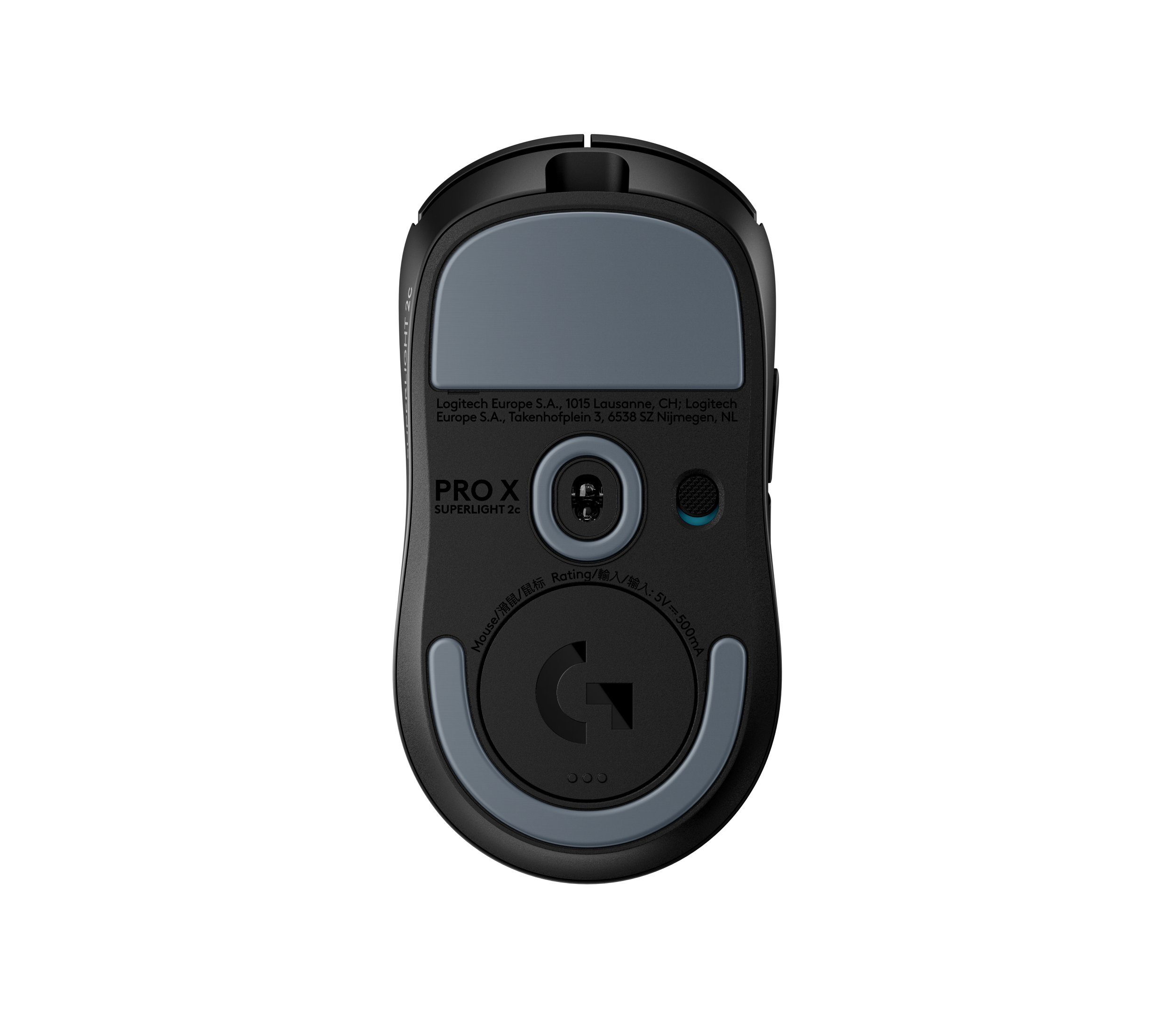 Underside of the black PRO X SUPERLIGHT 2c with its large PTFE feet and sensor window, in Logitech's product photo