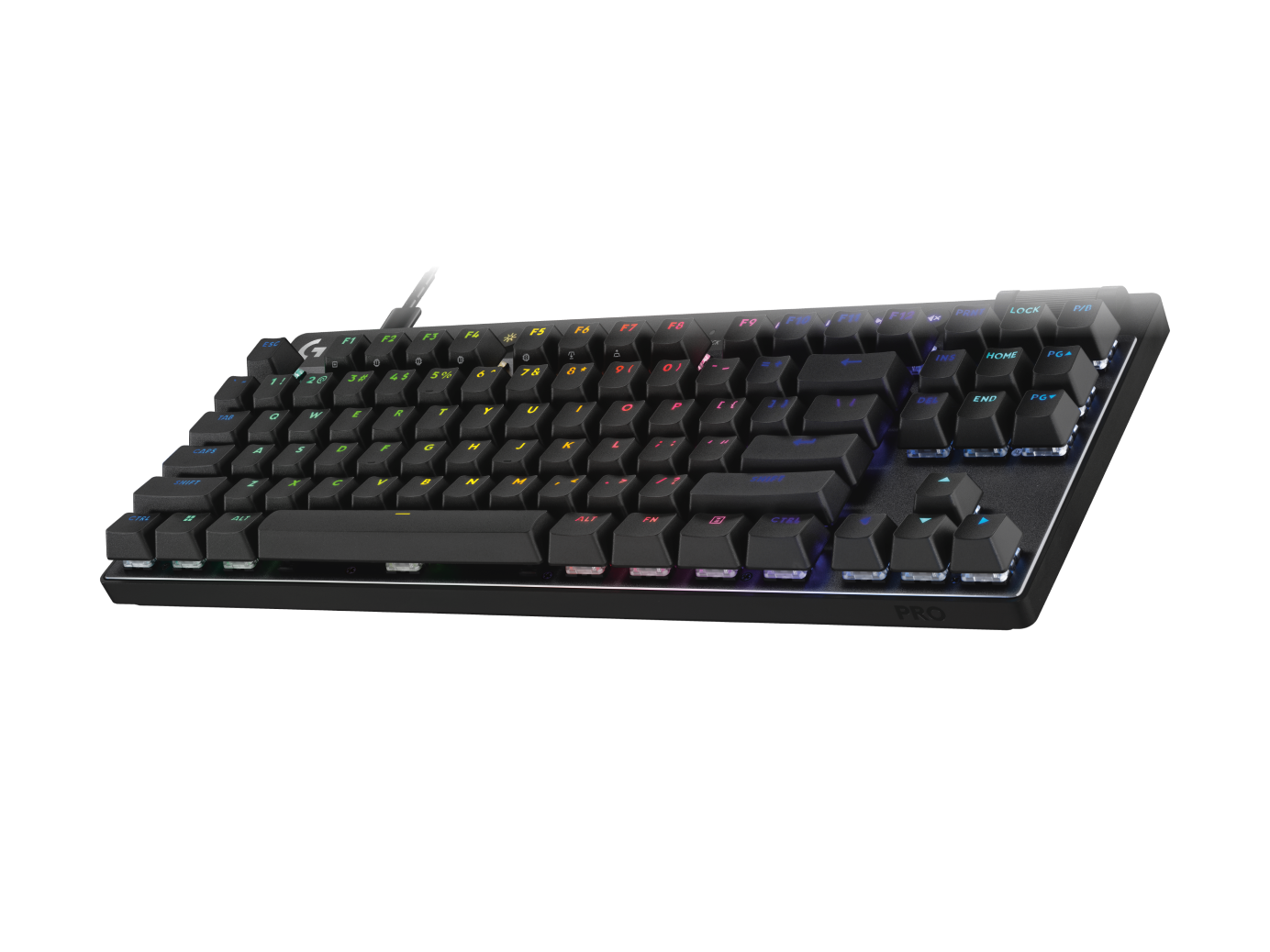 The black PRO X TKL Rapid seen at a three-quarter angle with RGB lighting under the keycaps