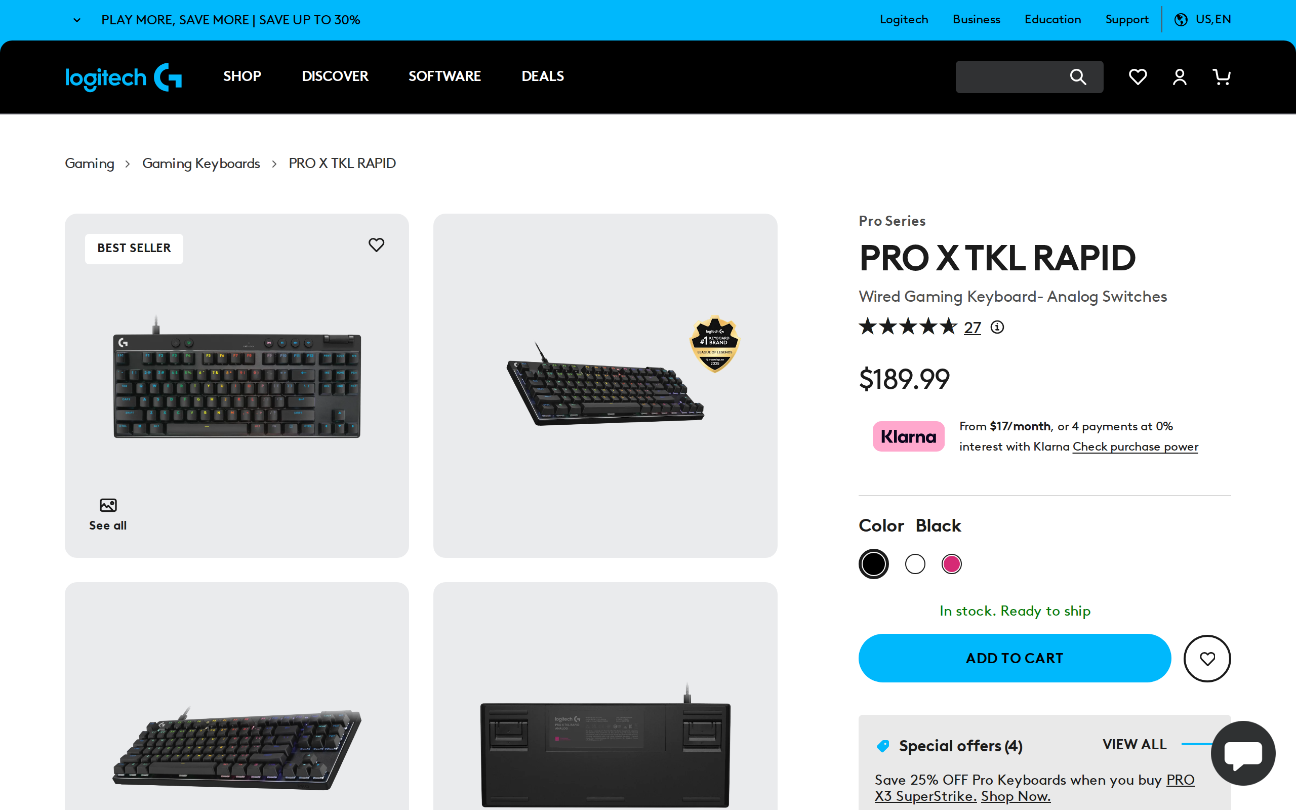 Logitech G product page for the PRO X TKL Rapid gaming keyboard in black showing a price of $189.99