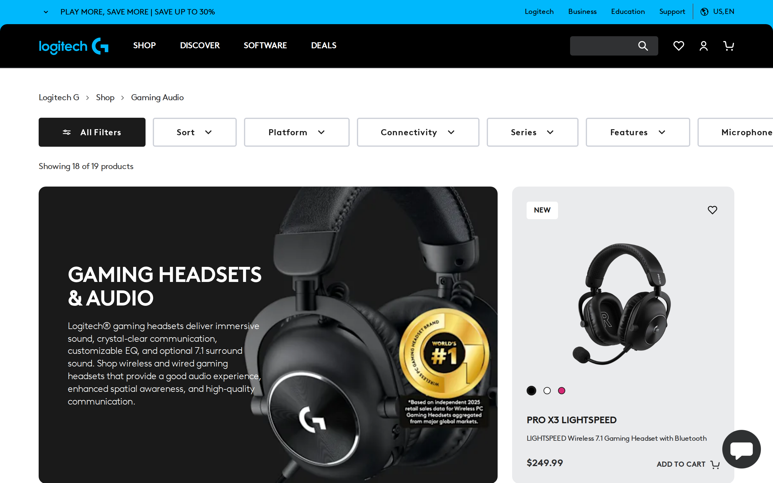 Logitech G's Gaming Headsets and Audio page, with the PRO X3 LIGHTSPEED in black listed at $249.99