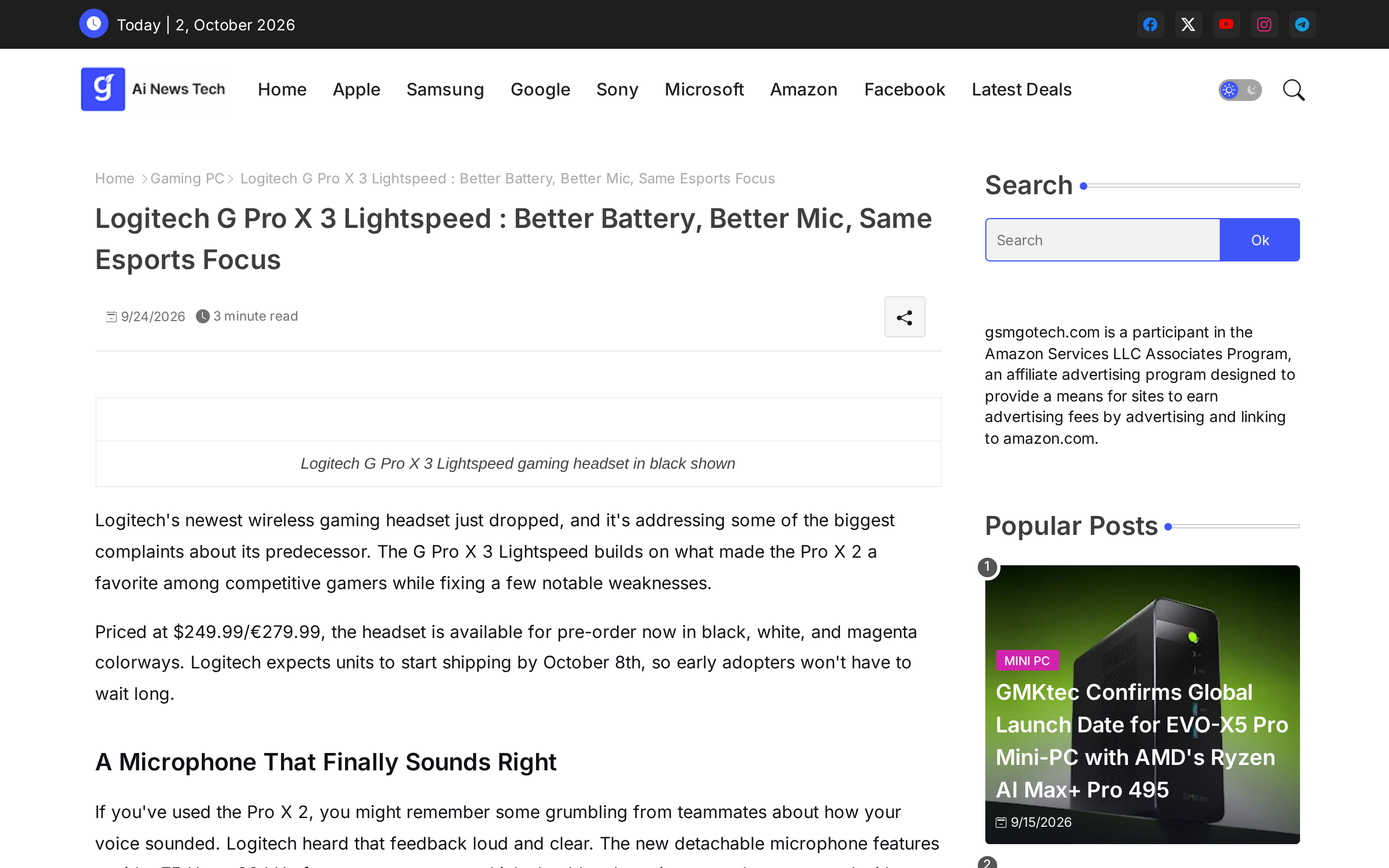 A GSM Go Tech article titled Logitech G Pro X 3 Lightspeed: Better Battery, Better Mic, Same Esports Focus, with a section called A Microphone That Finally Sounds Right