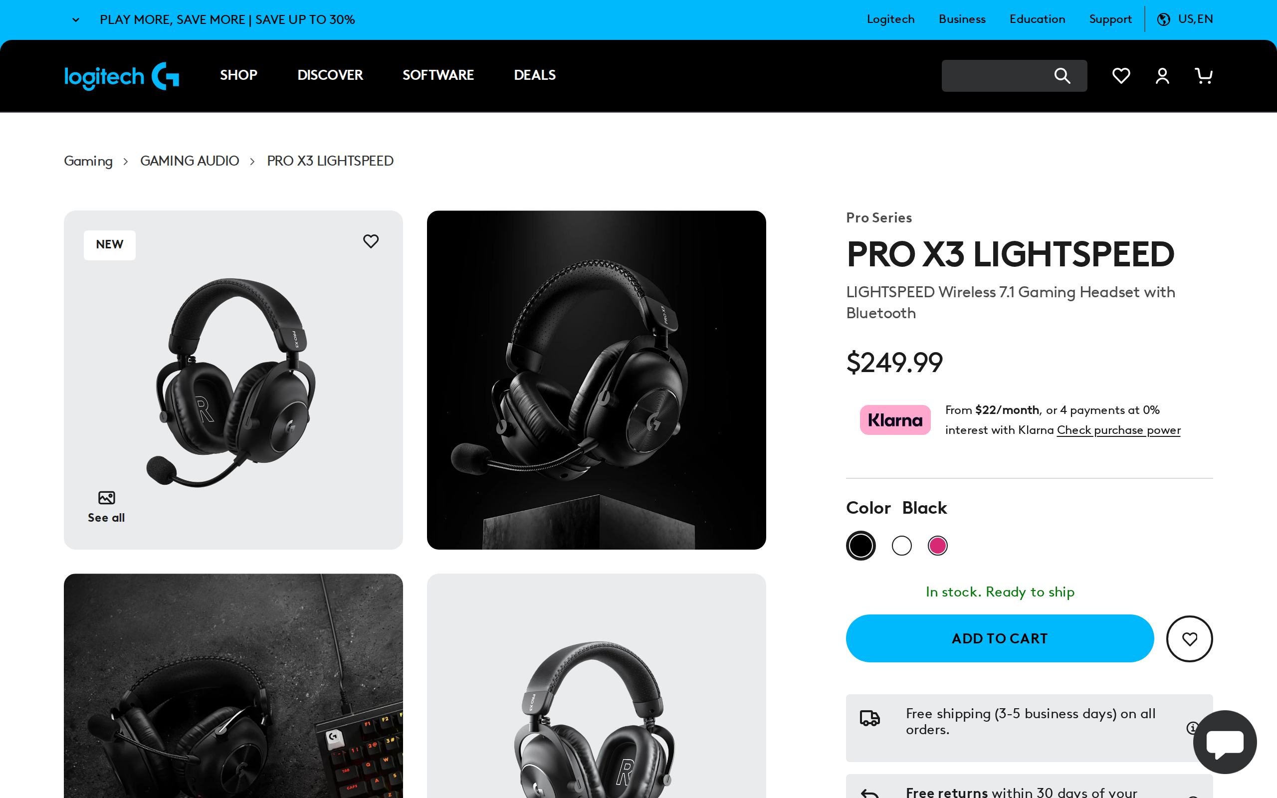 Logitech G's store page for the PRO X3 LIGHTSPEED headset in black, priced at $249.99