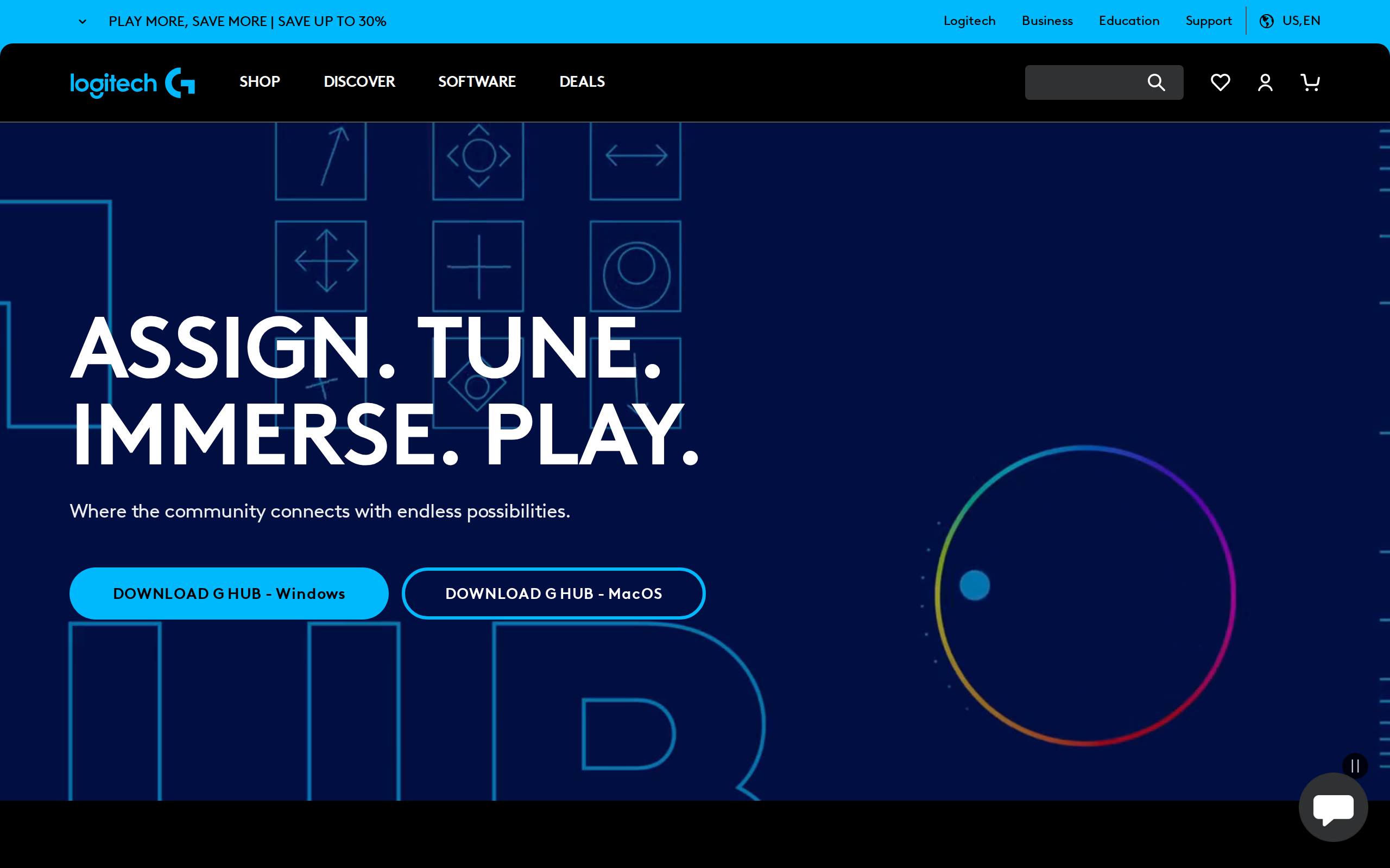 G HUB landing page: Assign. Tune. Immerse. Play.