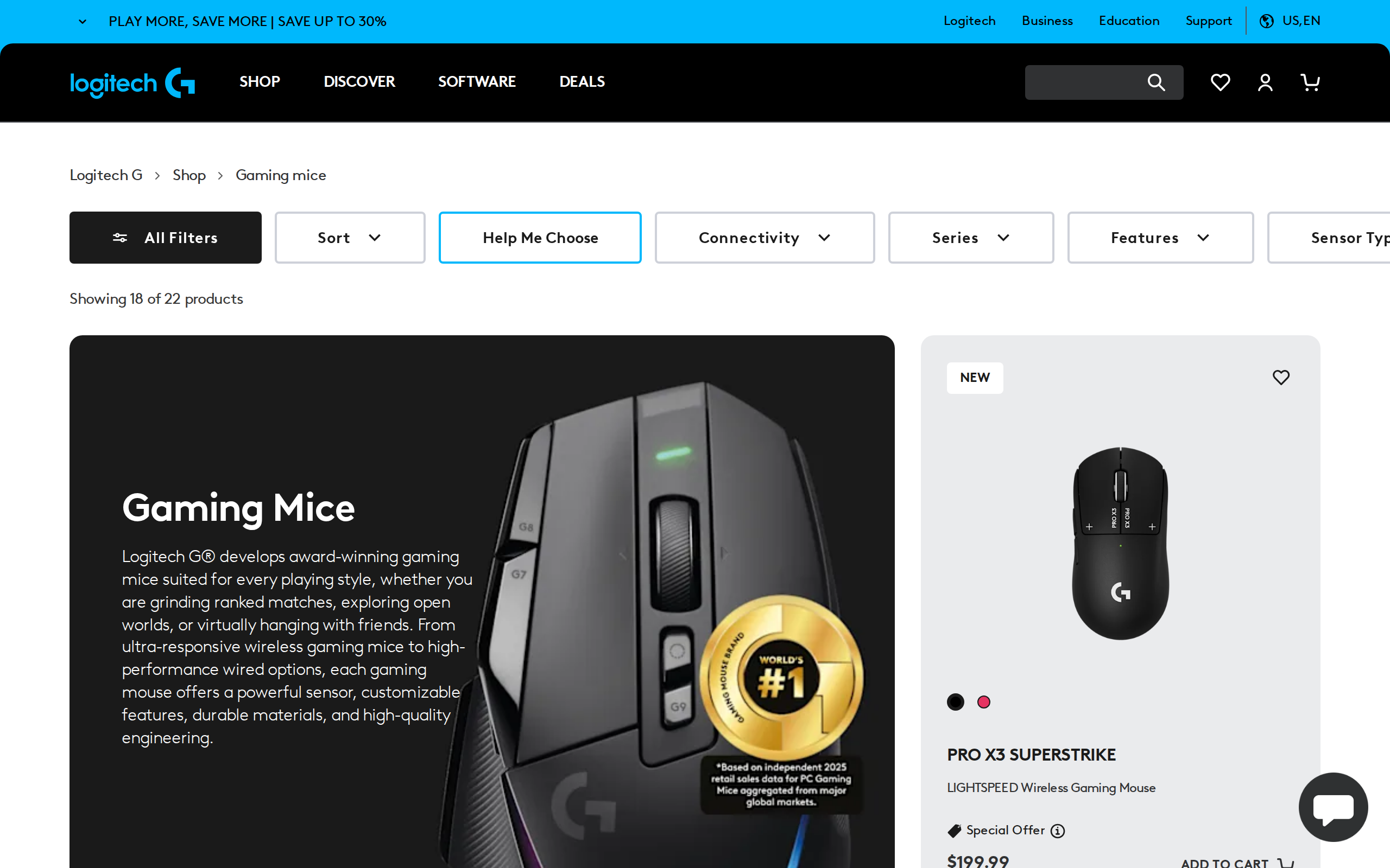 Logitech G's Gaming Mice page listing the PRO X3 SUPERSTRIKE