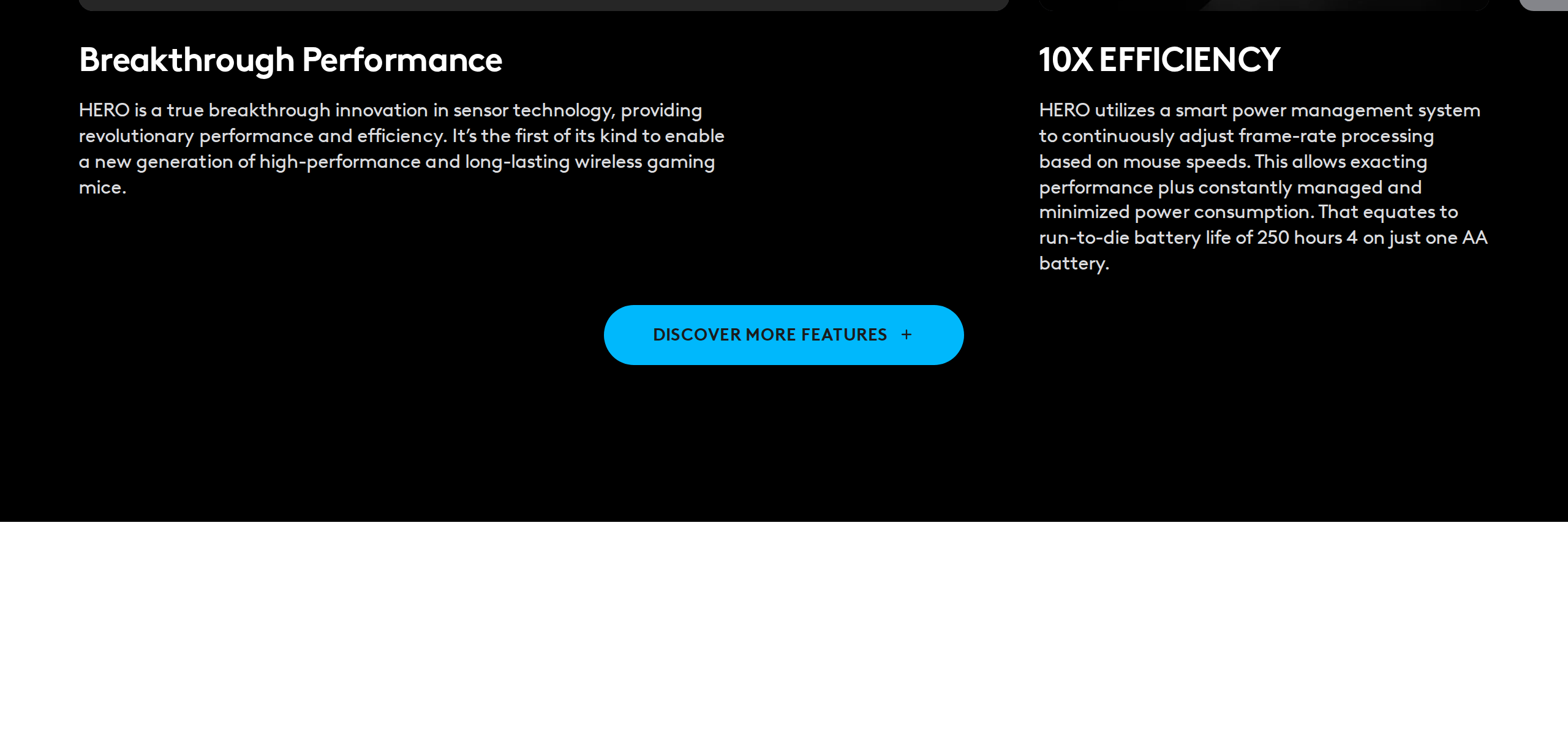 Logitech page section on the G305's breakthrough performance and 10x power efficiency, with a button to learn more about HERO