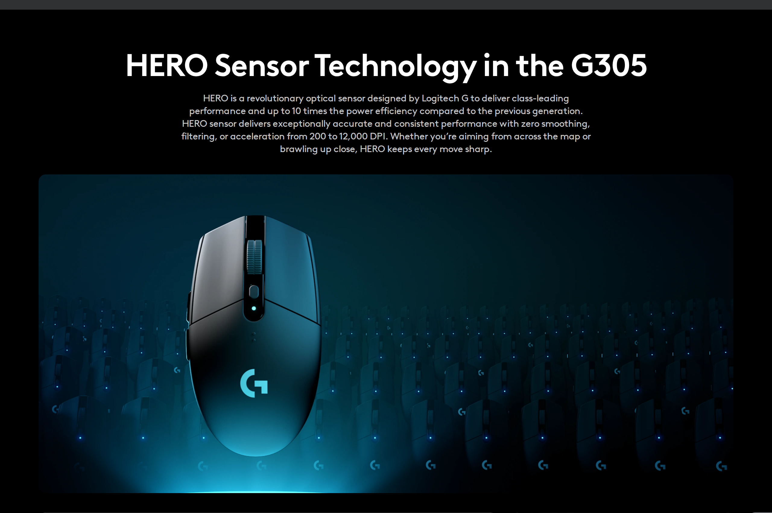 Logitech page section titled HERO Sensor Technology in the G305, showing the mouse over a blue sensor graphic with colour swatches below