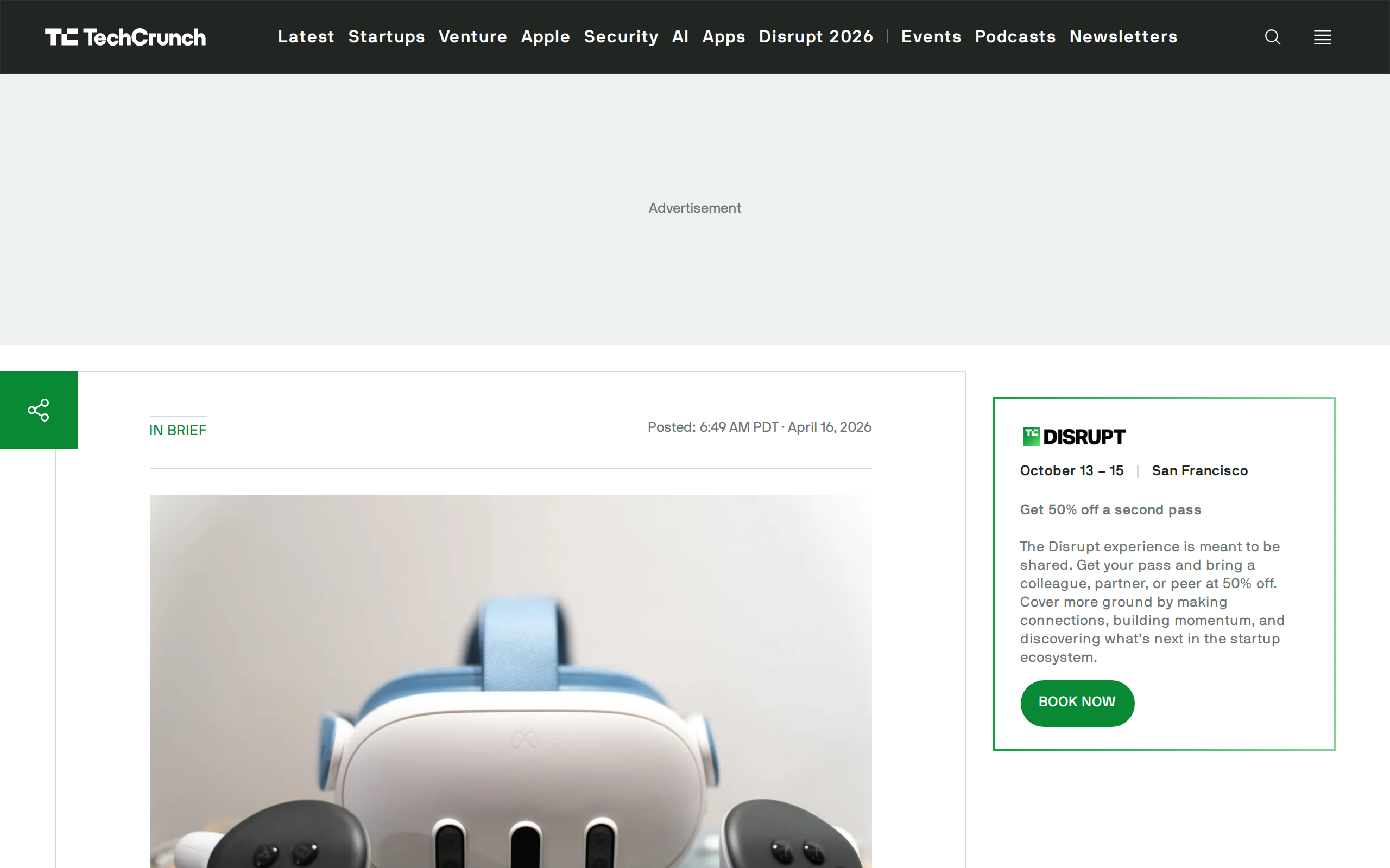 TechCrunch article on Meta raising Quest 3 and Quest 3S prices because of the RAM shortage, with a photo of a Quest 3 headset