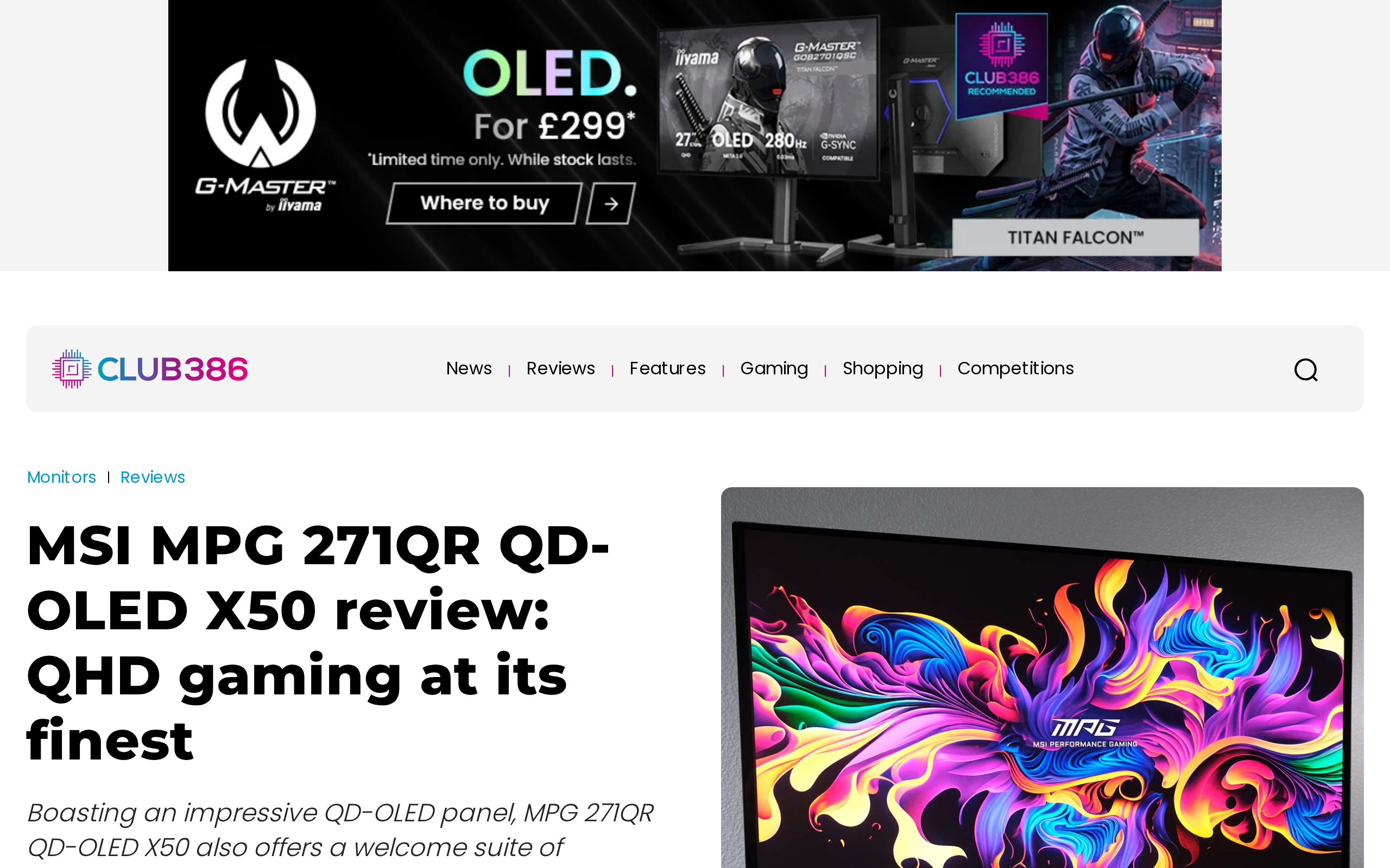 Club386's MSI MPG 271QR QD-OLED X50 review page with a photo of the monitor showing an MPG wallpaper
