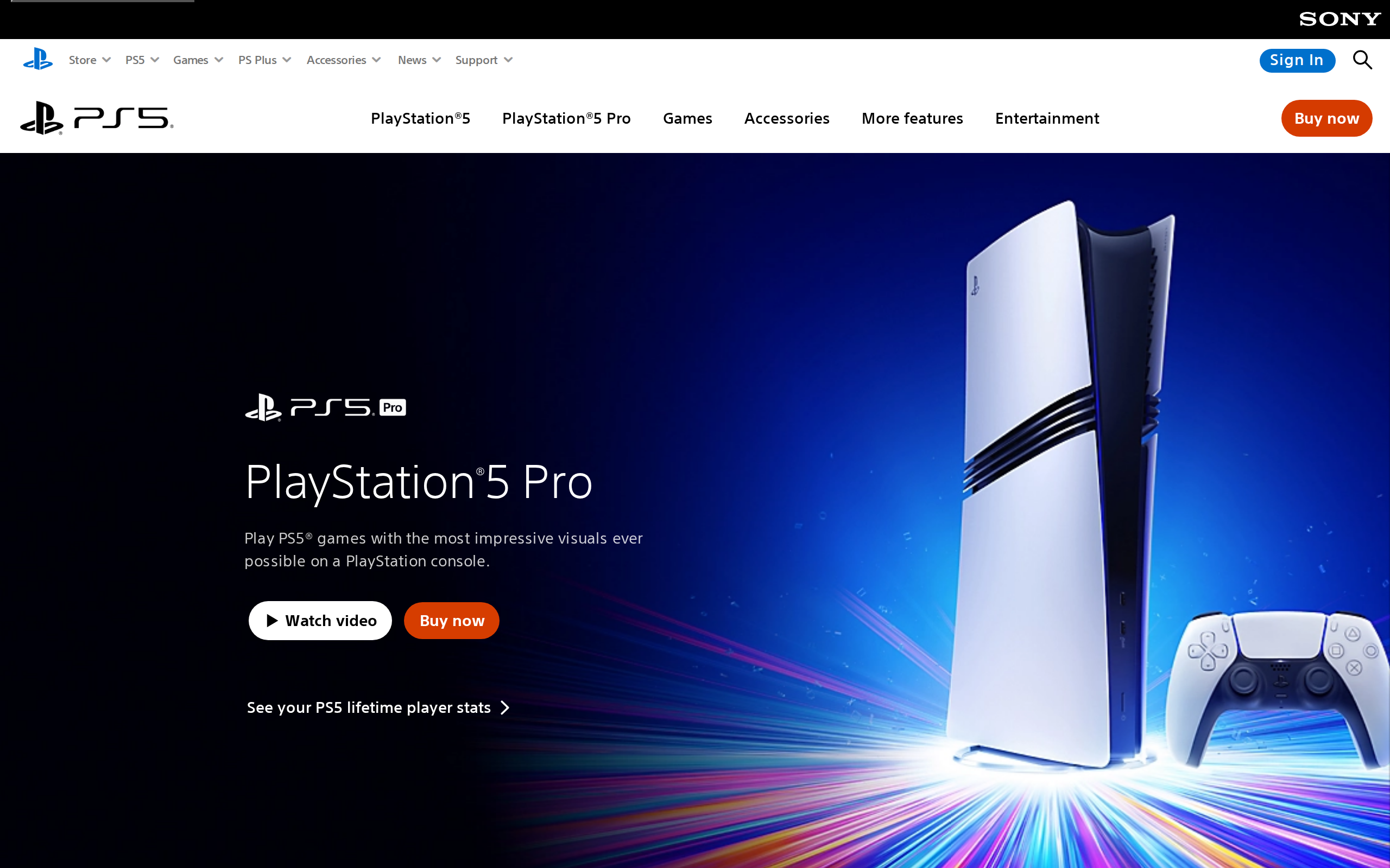 PlayStation store page for the PS5 Pro showing the white and black console standing upright beside a DualSense controller