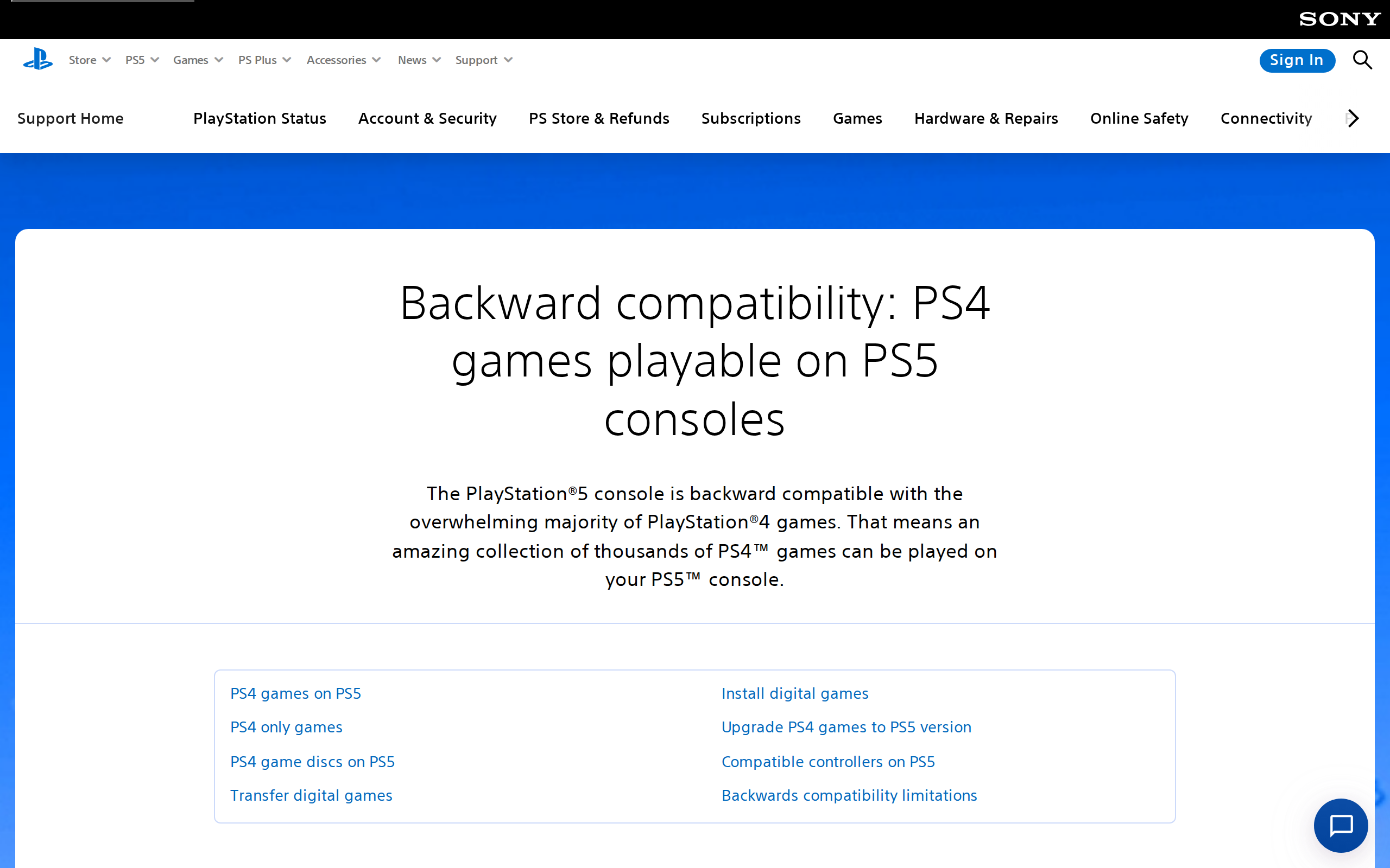 Sony support page titled Backward compatibility, PS4 games playable on PS5 consoles, with links to upgrade PS4 games to PS5 versions
