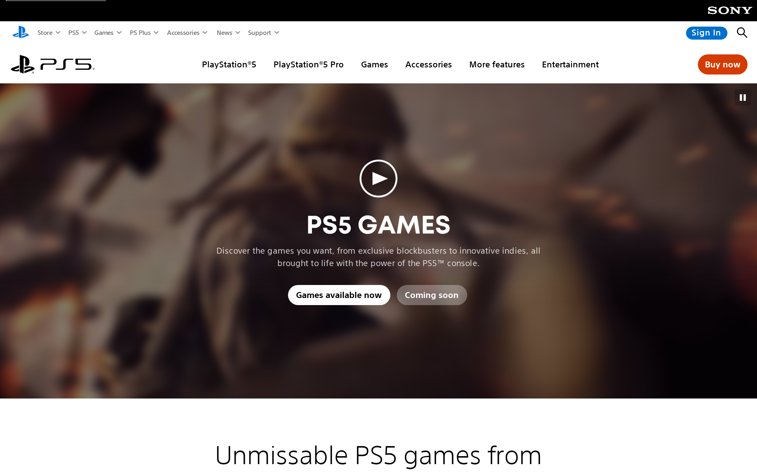 PlayStation games page headed Unmissable PS5 games from PlayStation Studios, with a video banner and links to new releases
