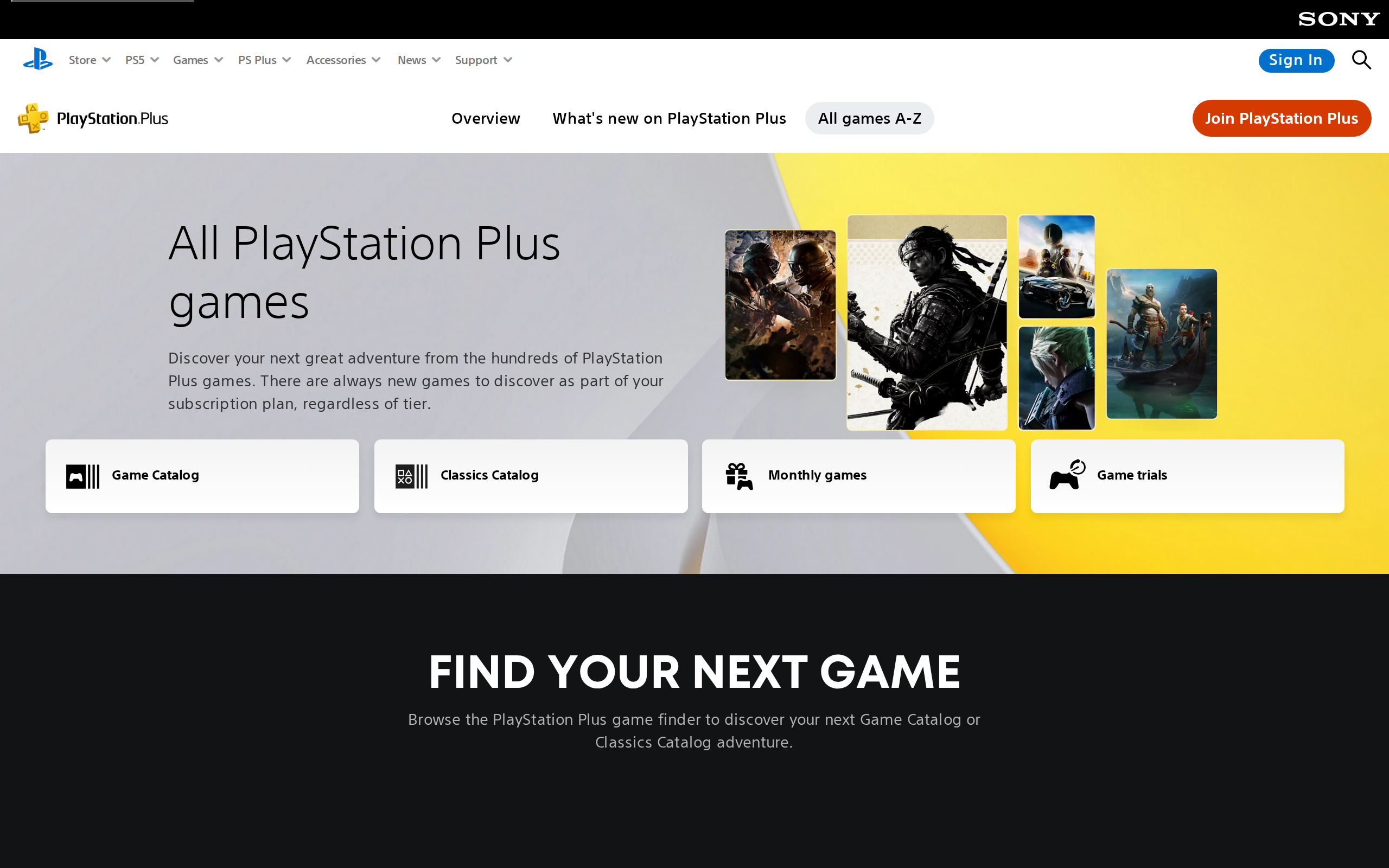 Sony's All PlayStation Plus games page with Game Catalog, Classics Catalog and Monthly games sections