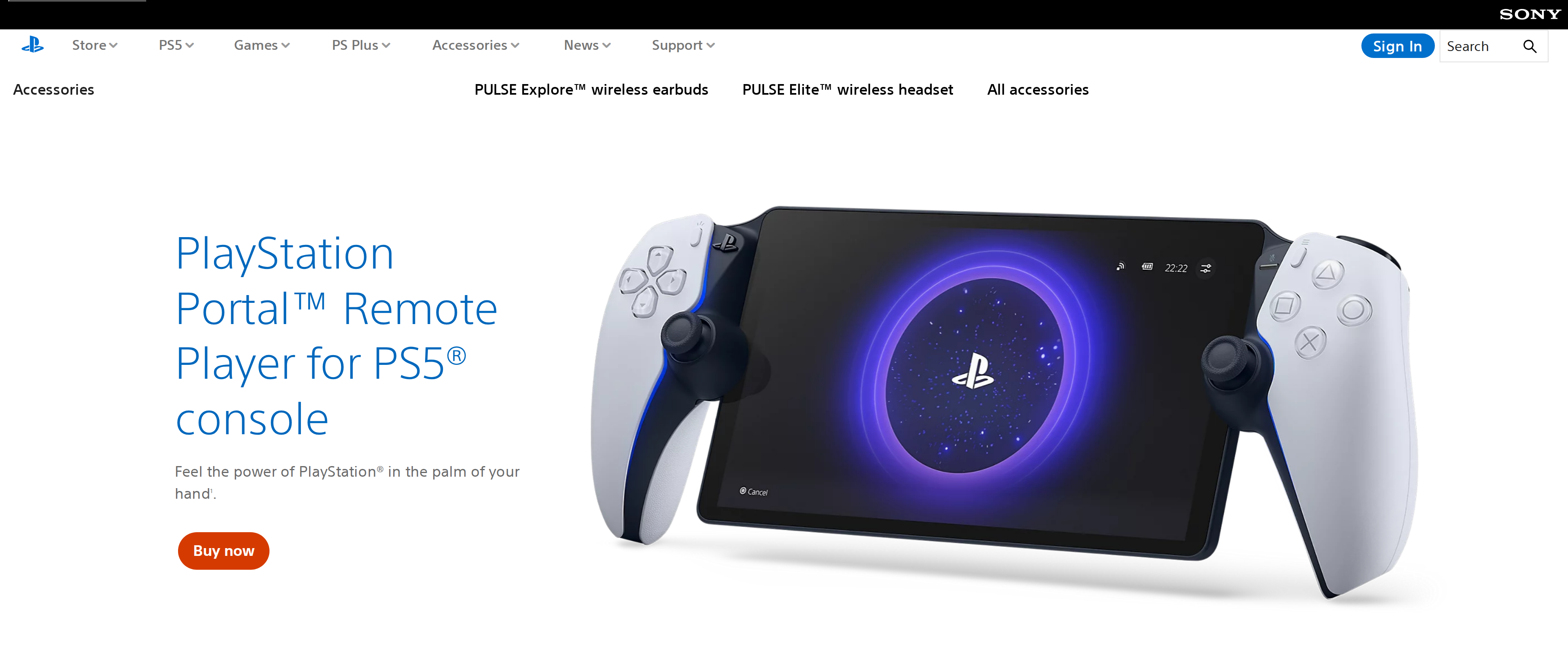 PlayStation Portal remote player showing a purple circle and PS logo on its screen, on Sony's product page