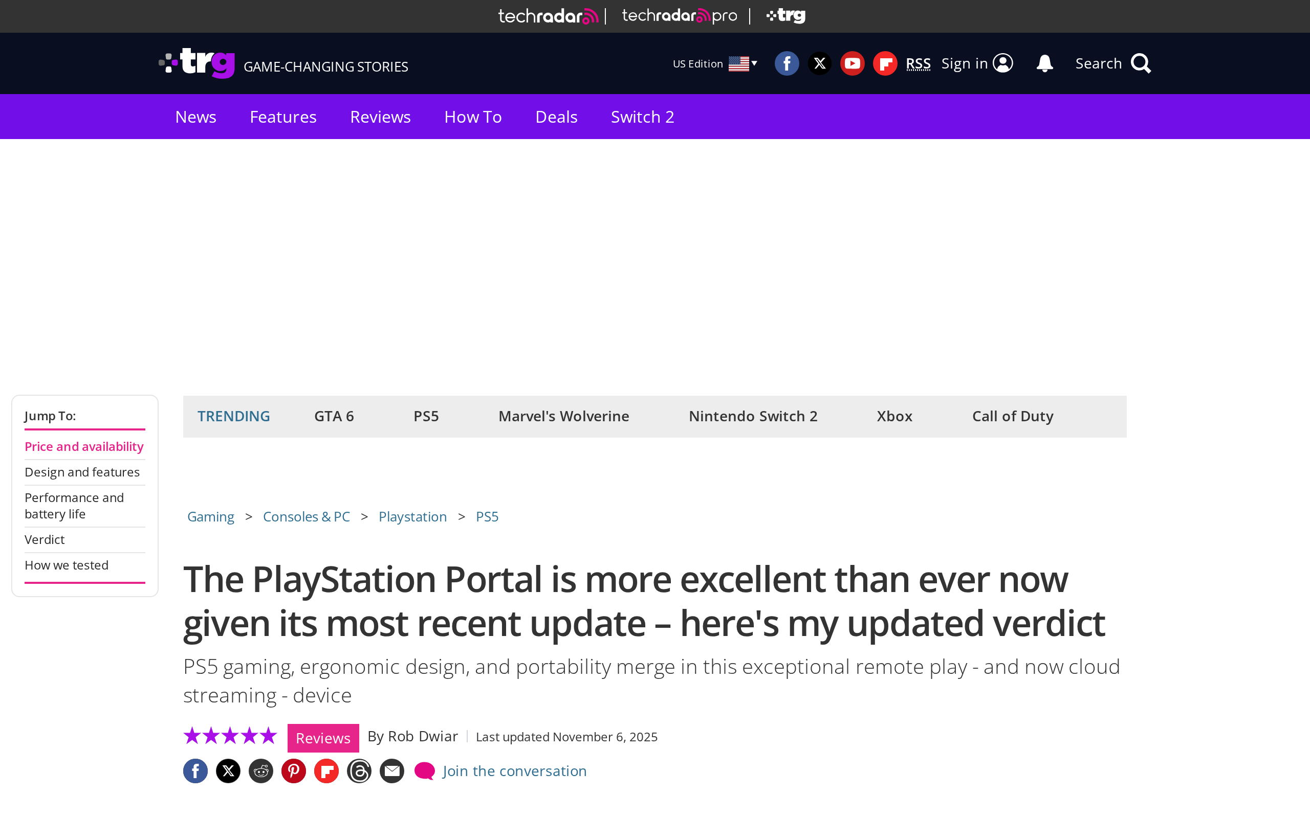 TechRadar's PlayStation Portal review page with the headline about the handheld being more excellent than ever