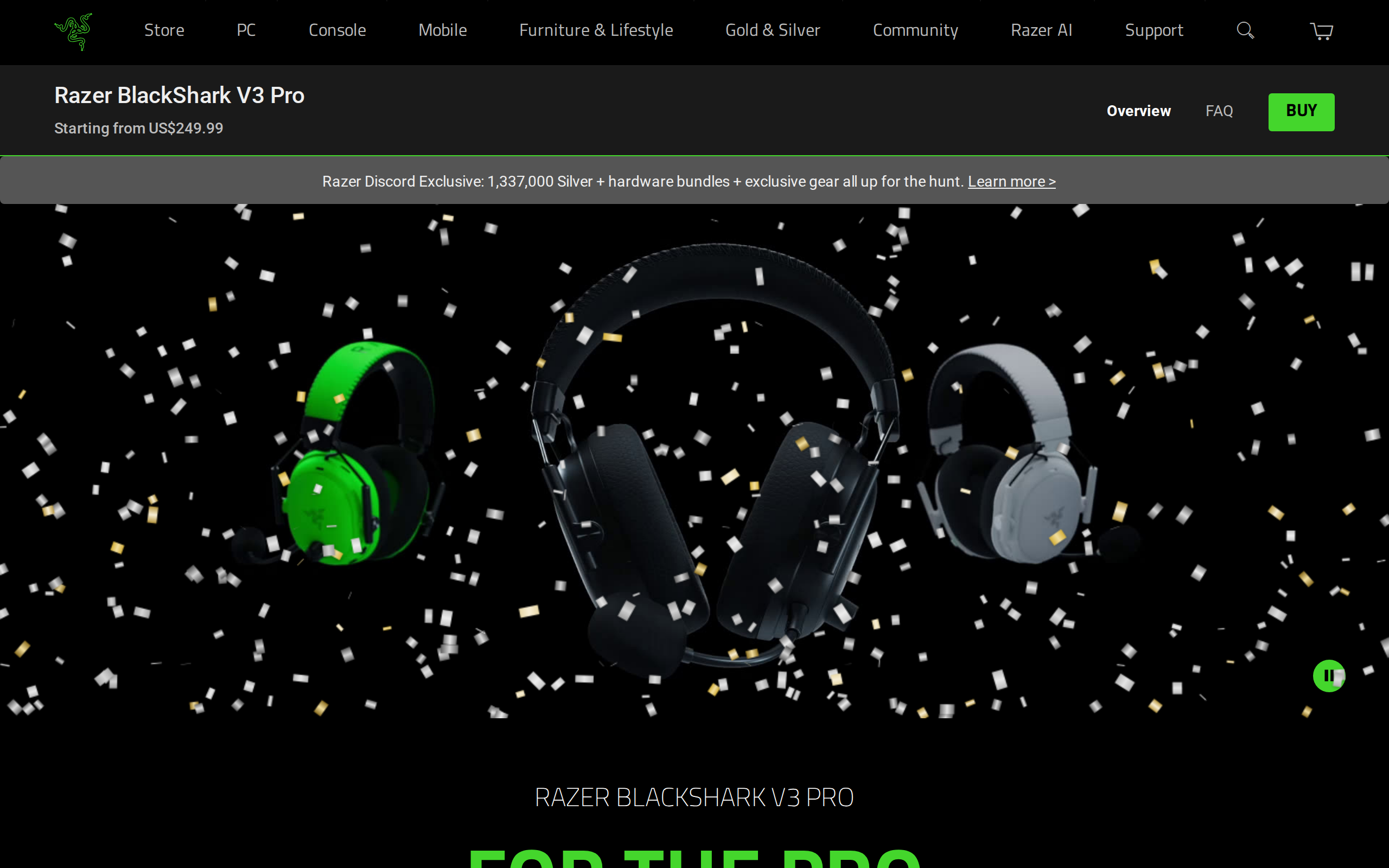 Razer product page for the BlackShark V3 Pro headset showing the headline and a $249.99 price
