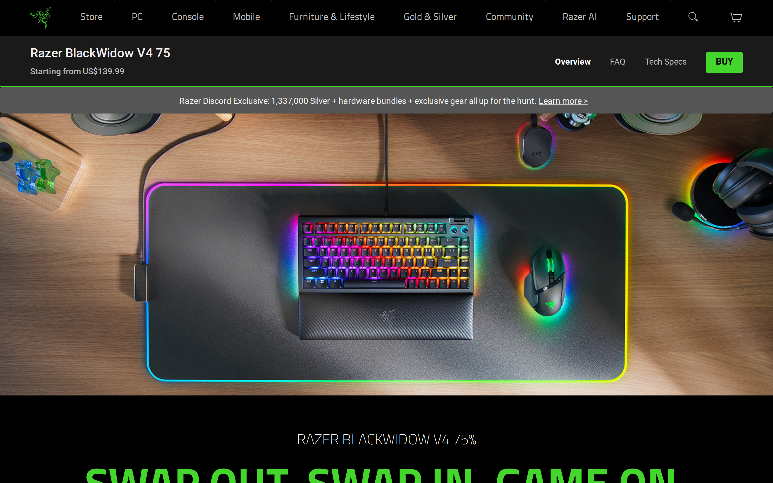 Razer's product page for the BlackWidow V4 75% hot-swappable mechanical keyboard, showing a $139.99 price