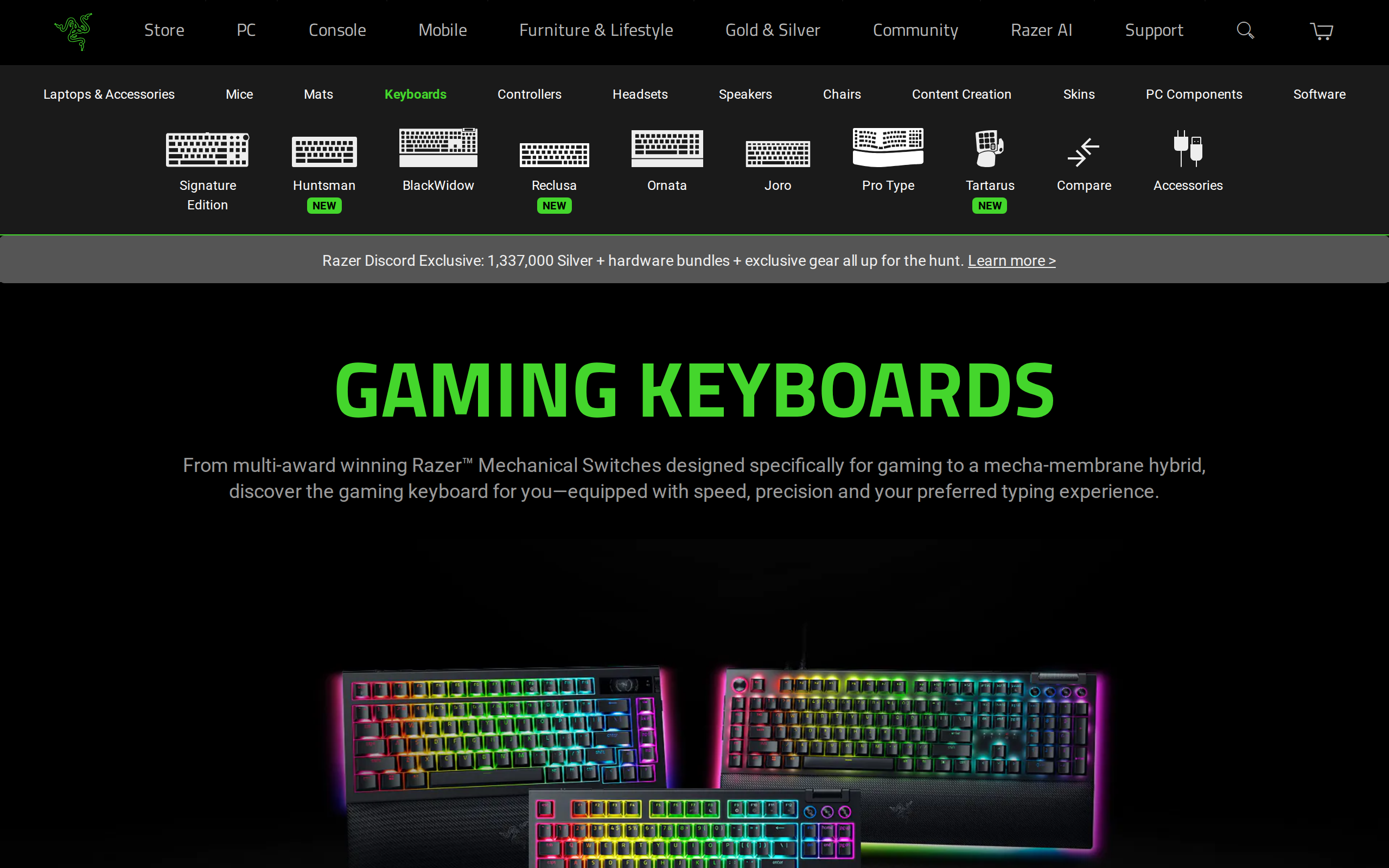 Razer's Gaming Keyboards category page with the headline Gaming Keyboards