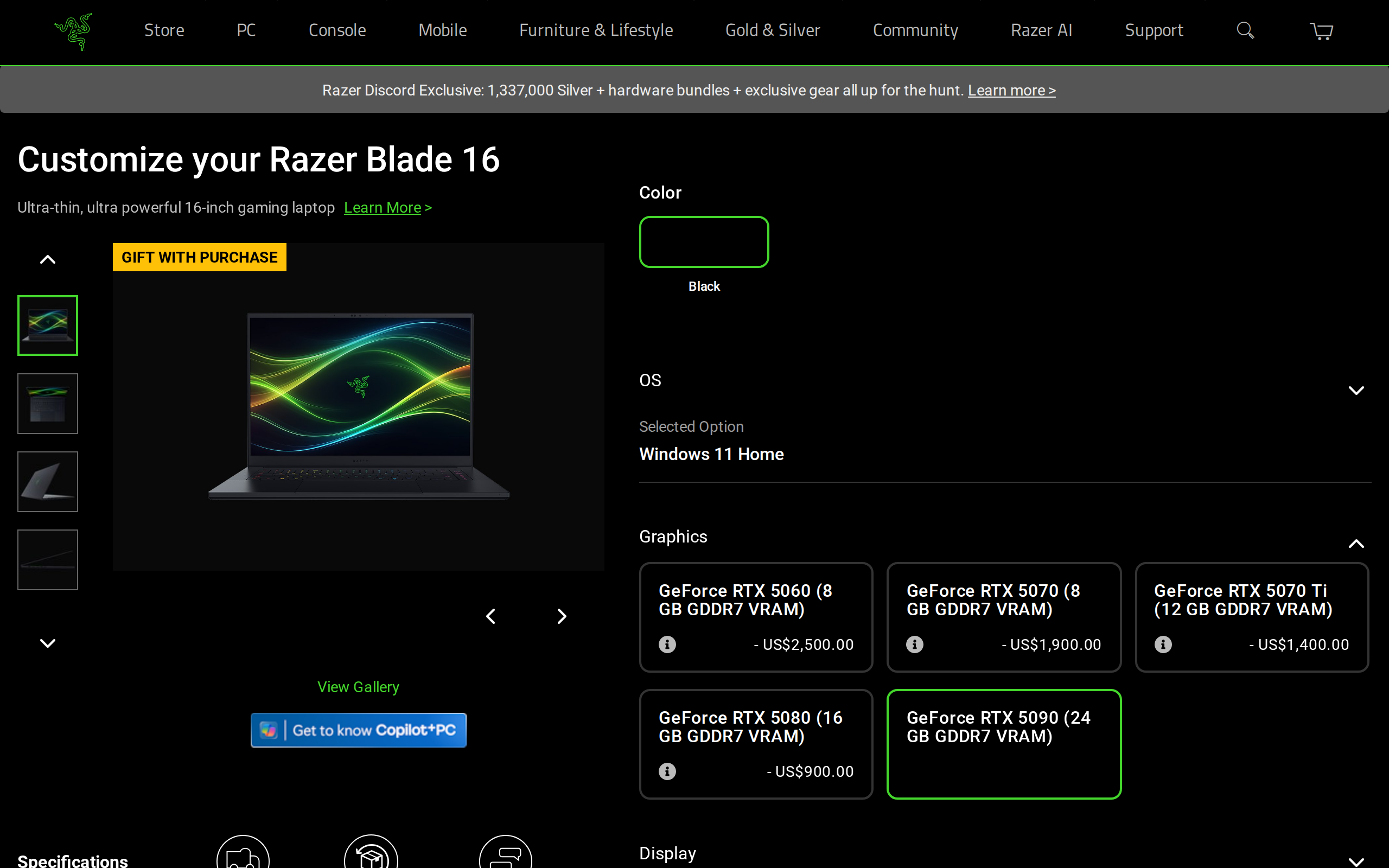 Razer Blade 16 configurator showing GeForce RTX 5060, 5070, 5070 Ti, 5080 and 5090 options with price differences