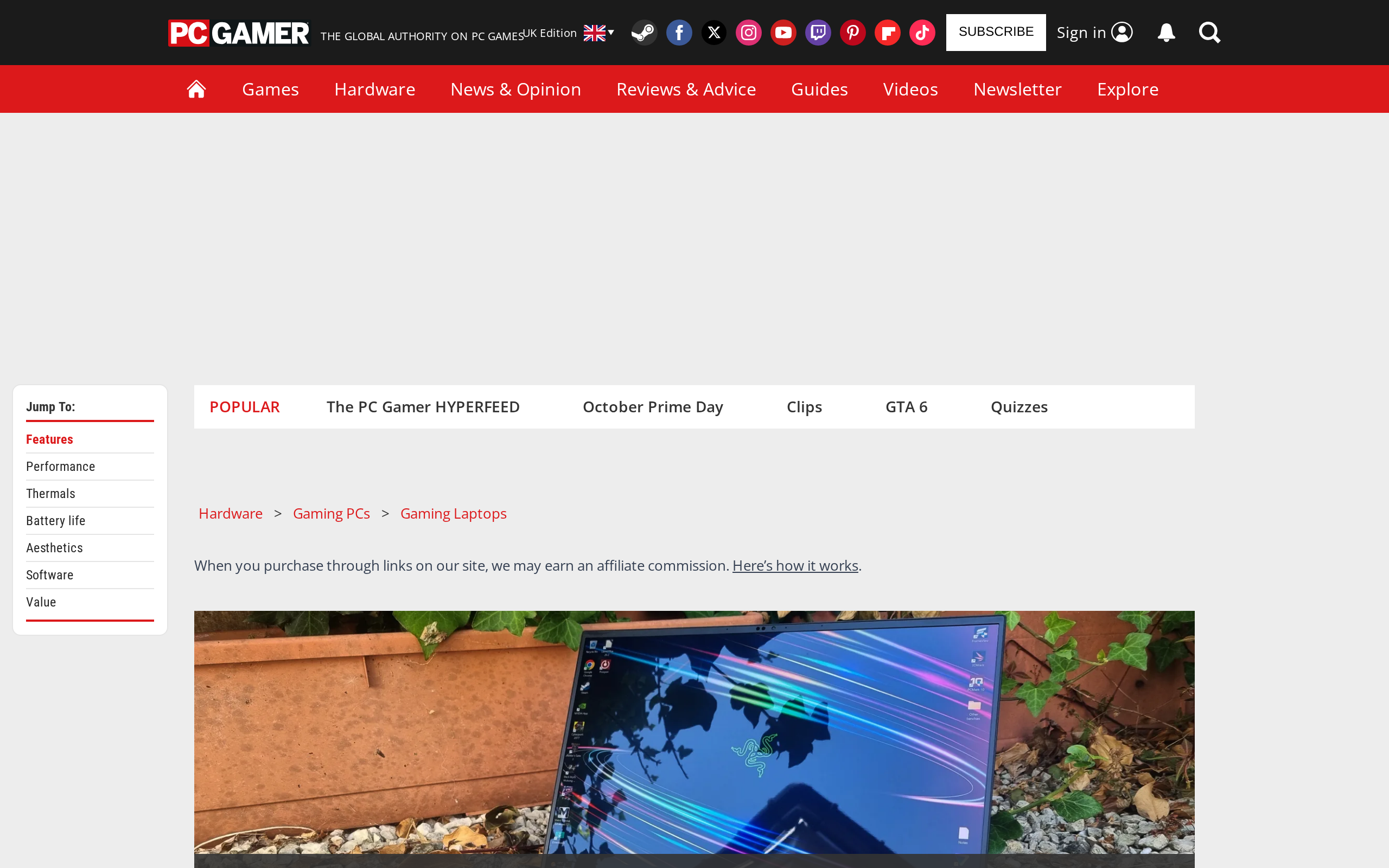 PC Gamer review page for the Razer Blade 16 2026 showing a Blade 16 laptop on white gravel