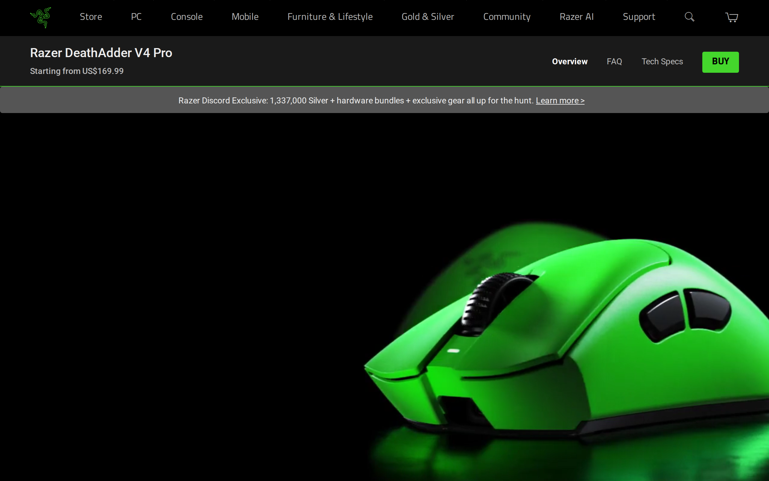 Razer product page for the DeathAdder V4 Pro with the $169.99 price and a Tech Specs link on a dark background