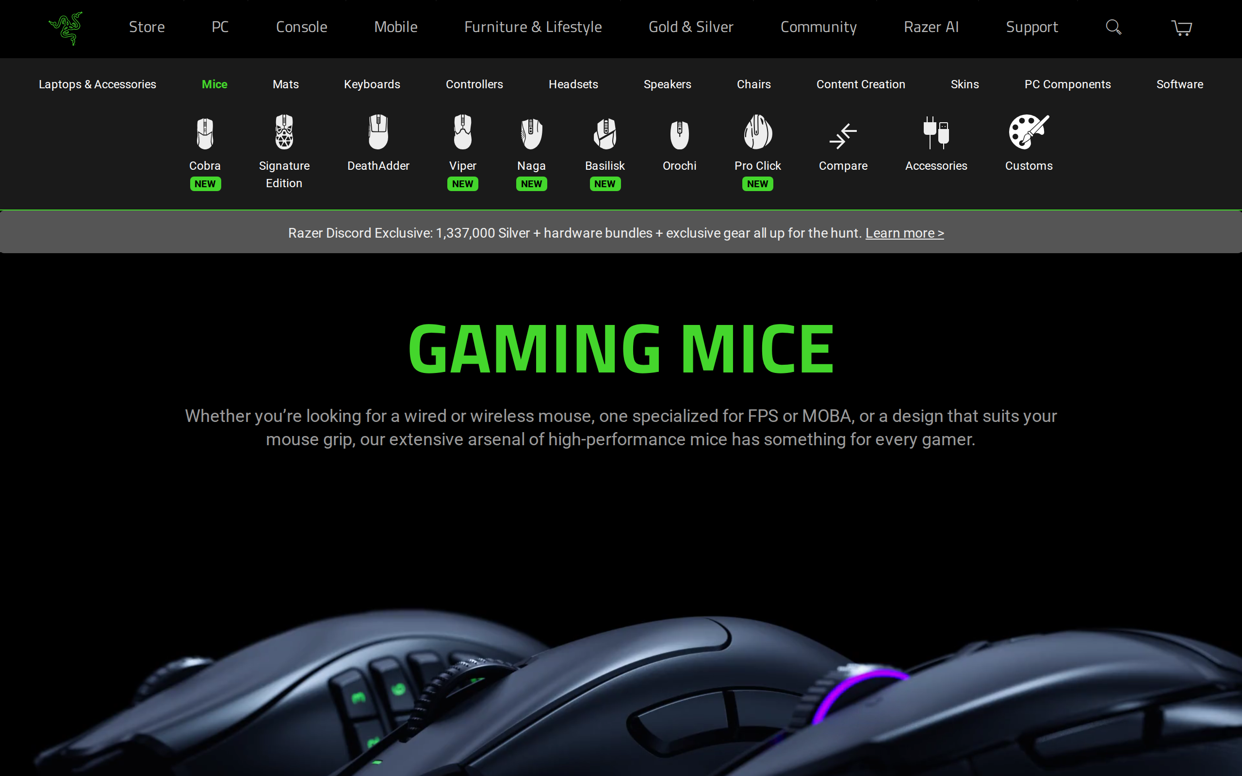 Razer's gaming mice page showing the DeathAdder lineup on a dark background
