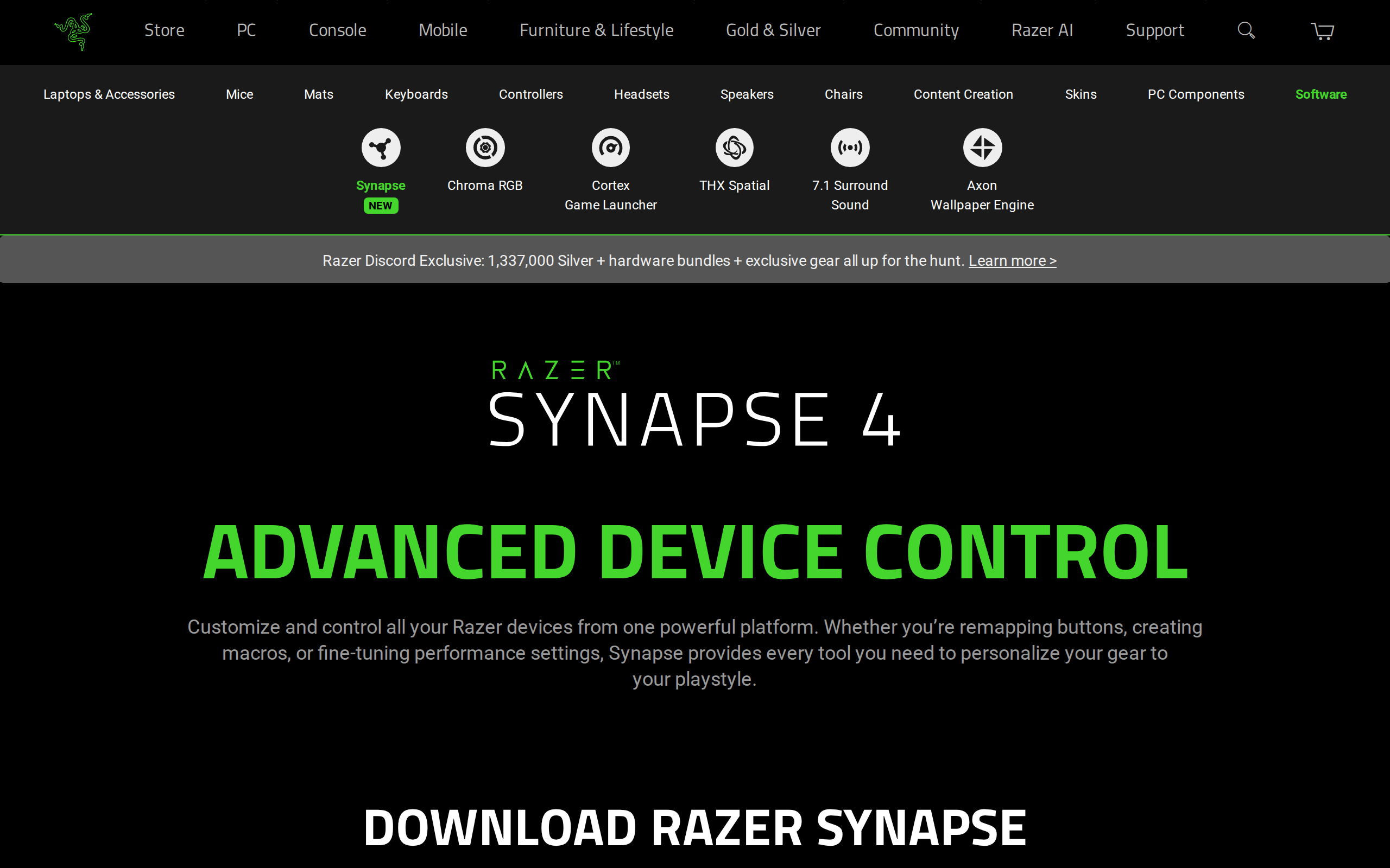 Razer Synapse 4 page headed Advanced Device Control with a Download Razer Synapse button
