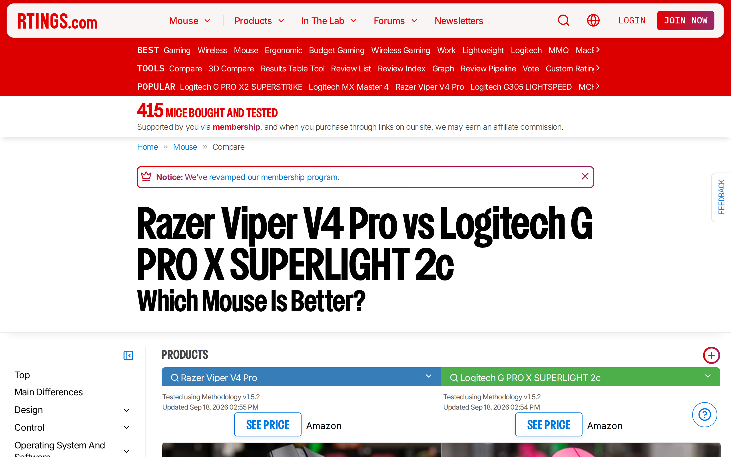 RTINGS comparison page for the Razer Viper V4 Pro against the Logitech G Pro X Superlight 2c