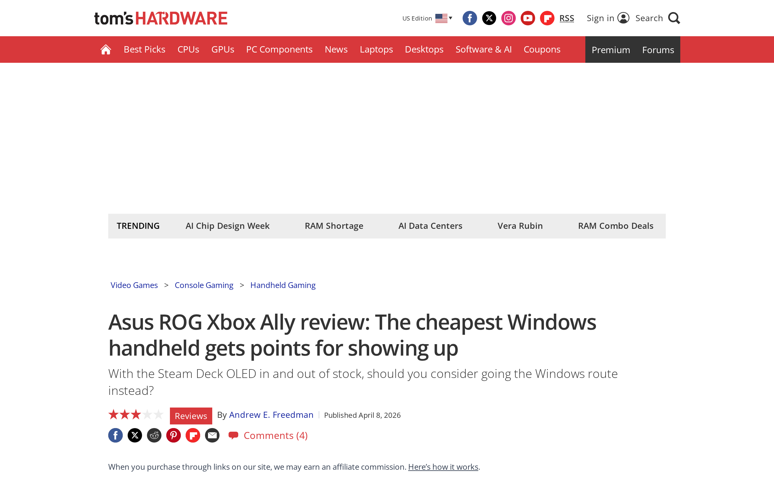 Tom's Hardware review page for the ASUS ROG Xbox Ally, headlined that the cheapest Windows handheld gets points for showing up