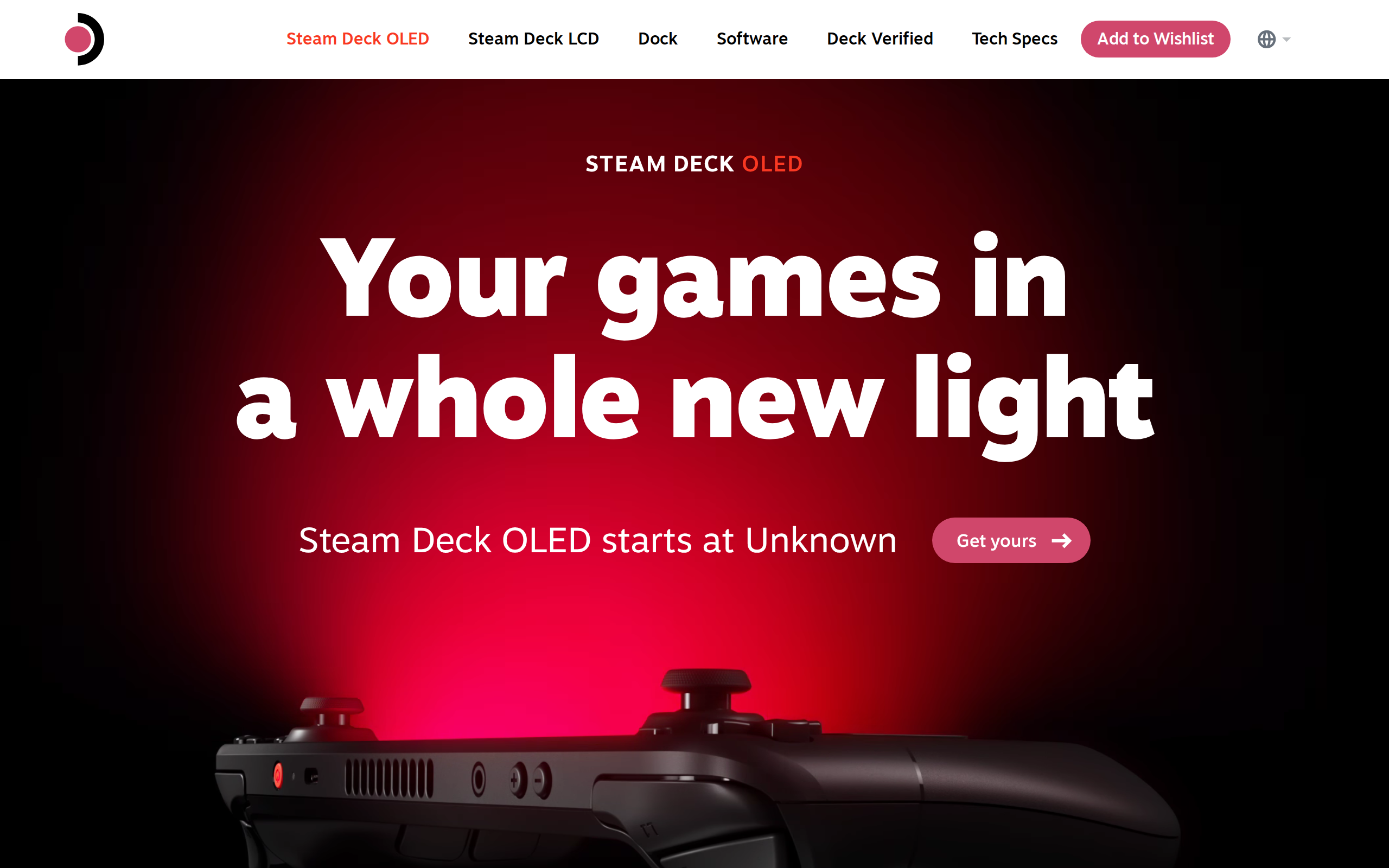Steam Deck OLED maker page showing the handheld in red light with the line Your games in a whole new light